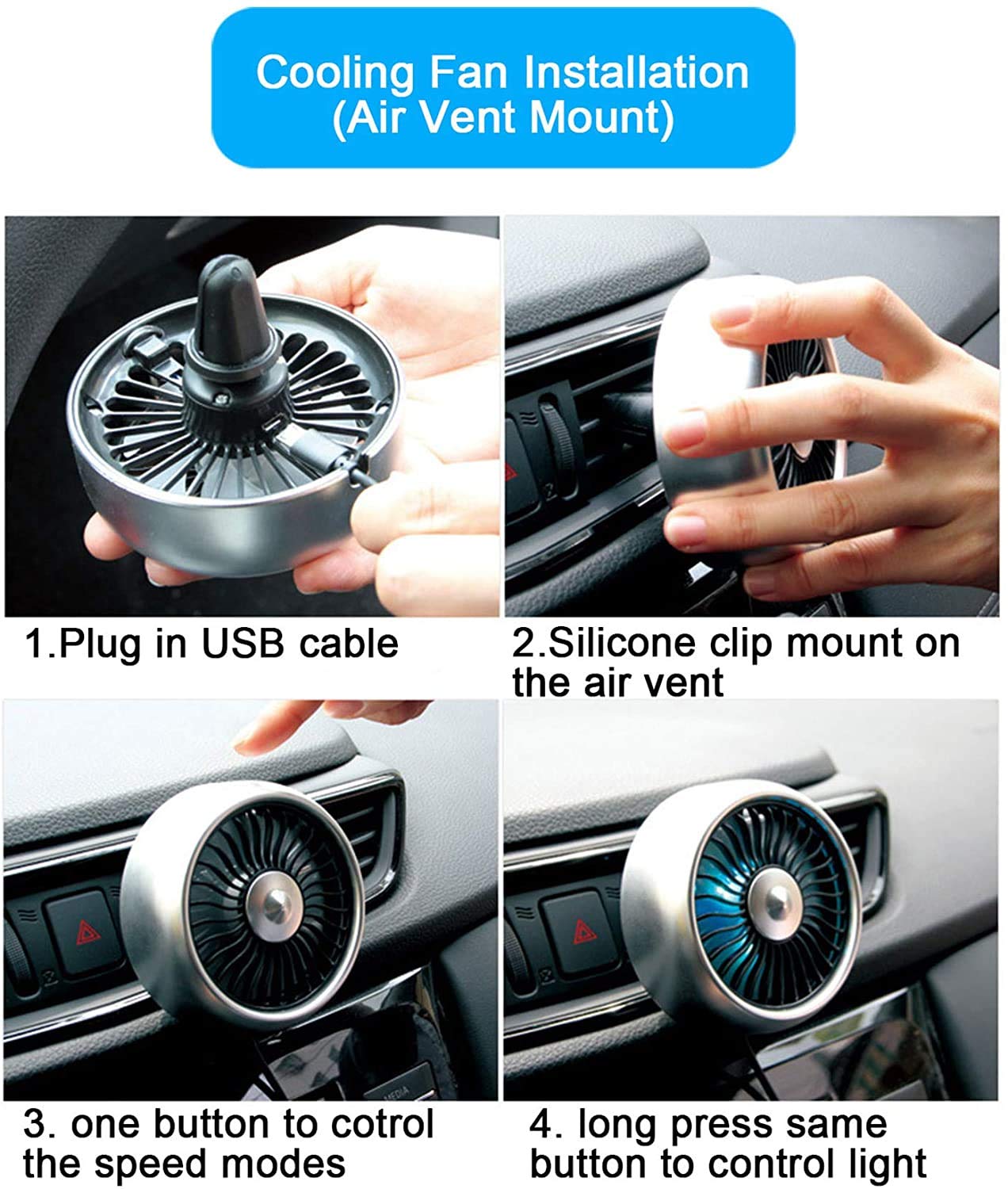Kwak's Mini Car Vent Fan with LED Light - ABS Portable Cooling Fan for Car, Home & Office - Black - Perfect for Travel, Work & Indoor Cooling
