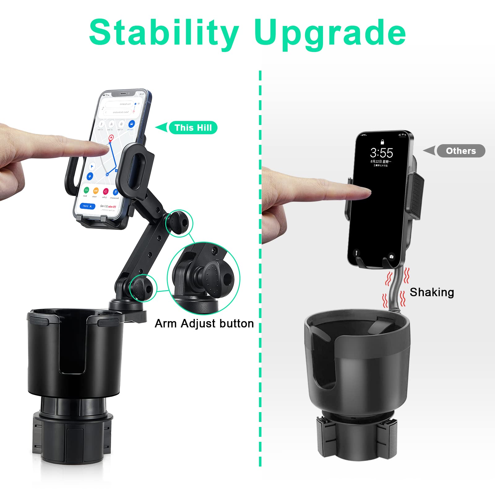 2-Pack Universal Car Cup Holder Expander with 360° Rotating Phone Mount - Compatible with Tesla, SUV, Truck, RV, Golf Cart & Smartphones - Perfect for Road Trips, Camping & Office Use