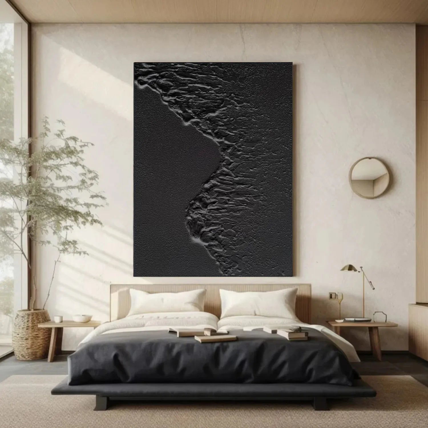 Black Plaster Art Minimalist Textured Painting - Modern Abstract Wall Decor for Living Room, Bedroom & Office | MZ105