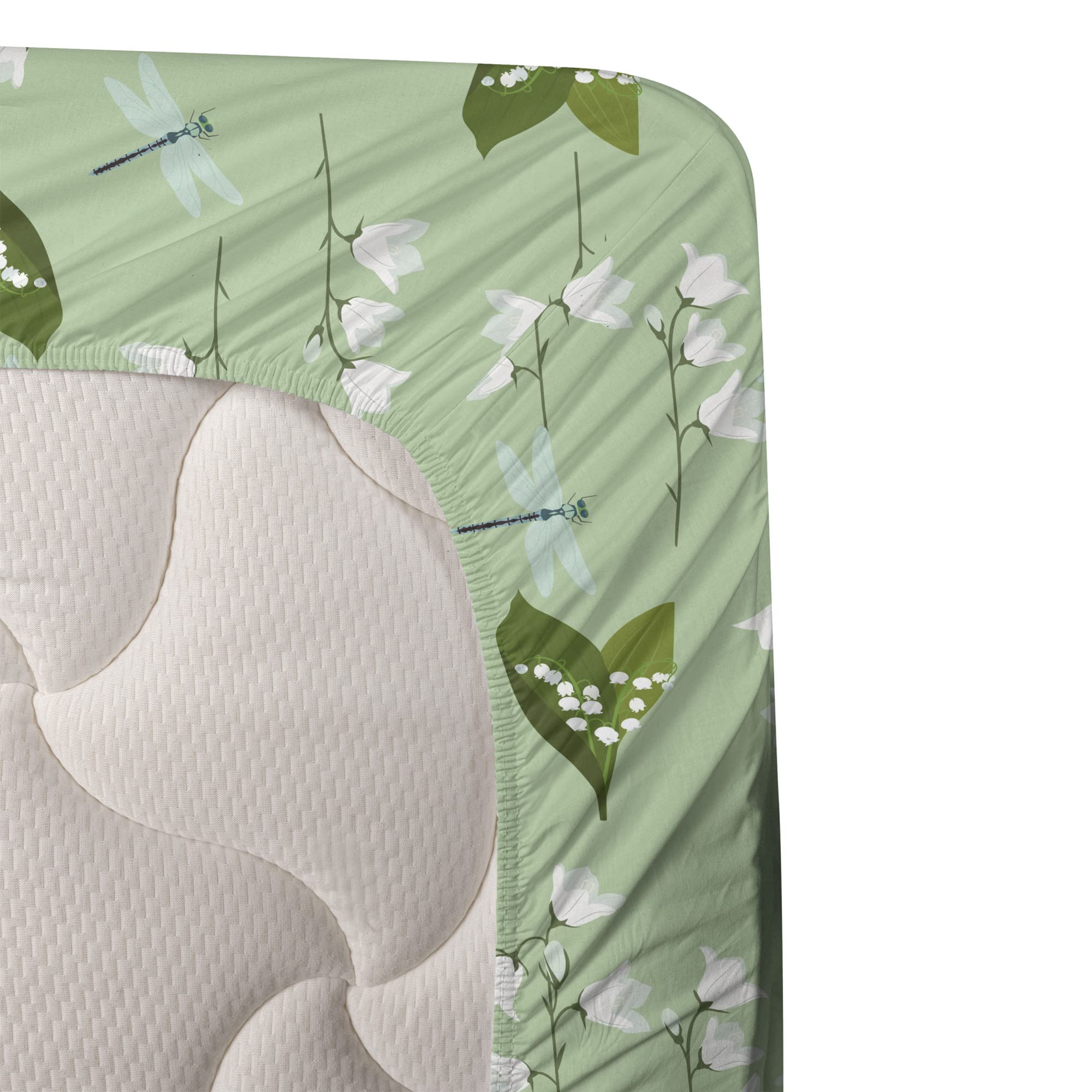 Ambesonne Floral King Sheet Set - Dragonflies & Campanula Flowers Wild Nature Design, 4-Piece Bedding Set with Fitted Sheet, Flat Sheet & Pillowcases in Pale Green & Blue | Perfect for Master Bedroom, Guest Room & Bohemian Home Decor