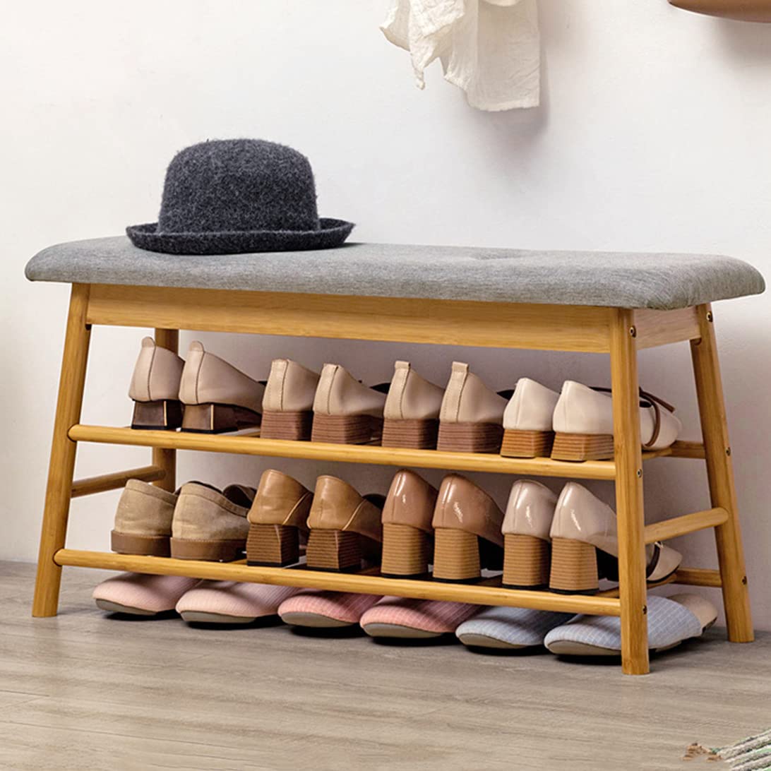Yogafa Bamboo Storage Bench with Cushioned Seat - 90cm Entryway Shoe Organizer with Shelf for Hallway, Bedroom & Living Room - Perfect for Home Decor and Shoe Storage