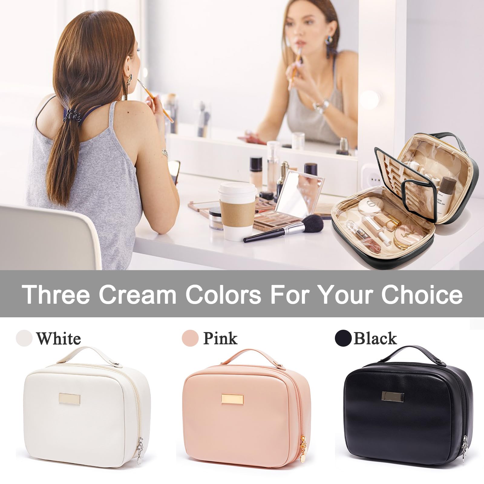 Large Waterproof PU Leather Cosmetic Bag for Women - Travel & Toiletry Organizer