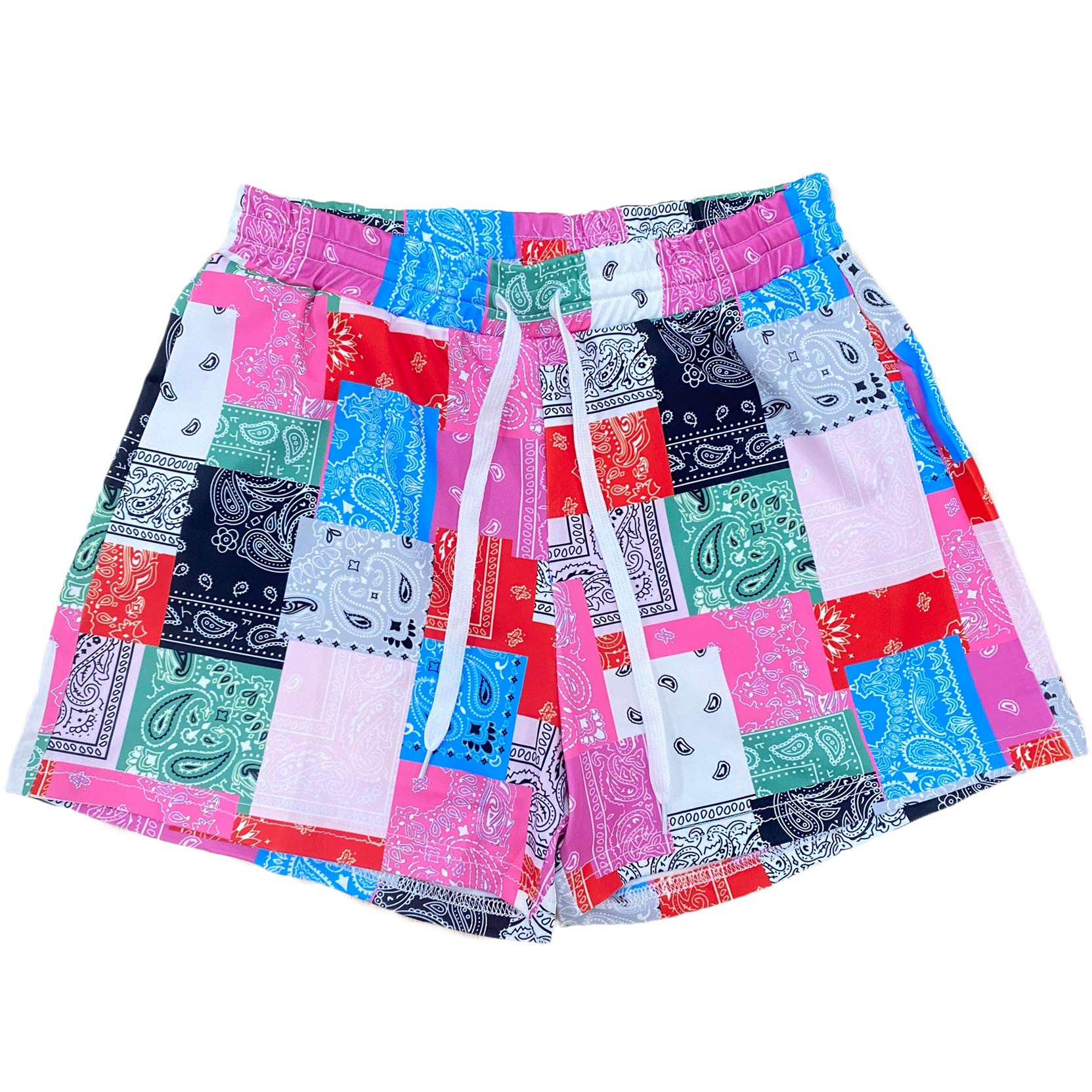 KSOTUTM Women's Floral Paisley Print High Waisted Shorts - Summer Beach Short Pants with Patchwork Design for Casual Wear, Vacation & Outdoor Activities
