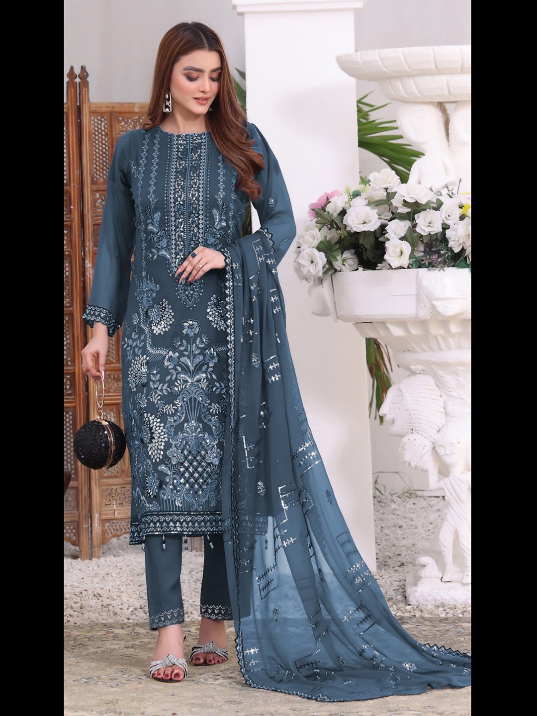 Elegant Aqua Blue Designer Georgette Semi-Stitched Pant Suit with Exquisite Embroidery - Perfect for Weddings, Parties & Special Occasions