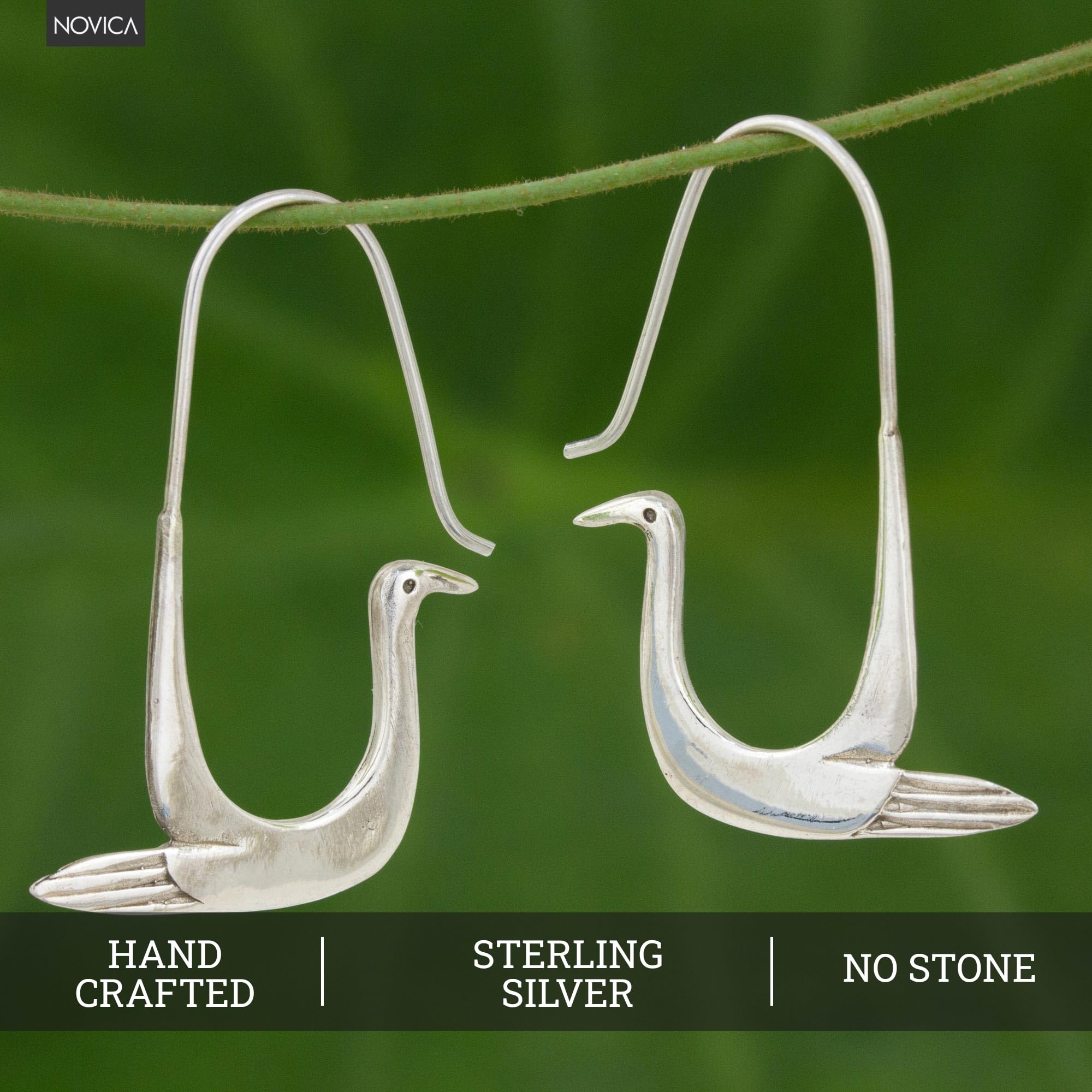 Handmade Sterling Silver Hoop Earrings with Bird Drop - 'Silver Dove' Design (1.8