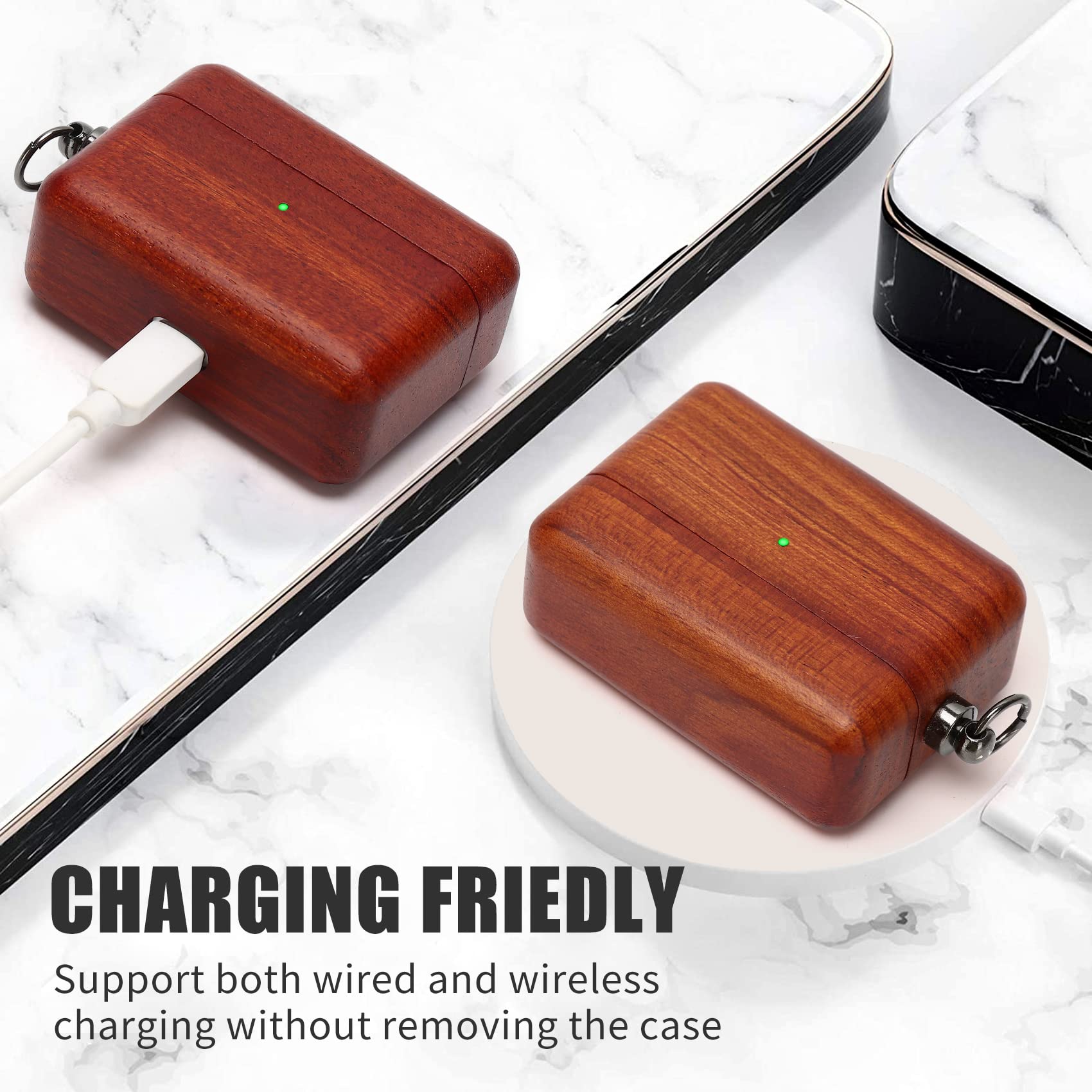 Wood AirPods Case for AirPods Pro - Protective Cover with Carabiner (Rose) for Travel & Outdoor