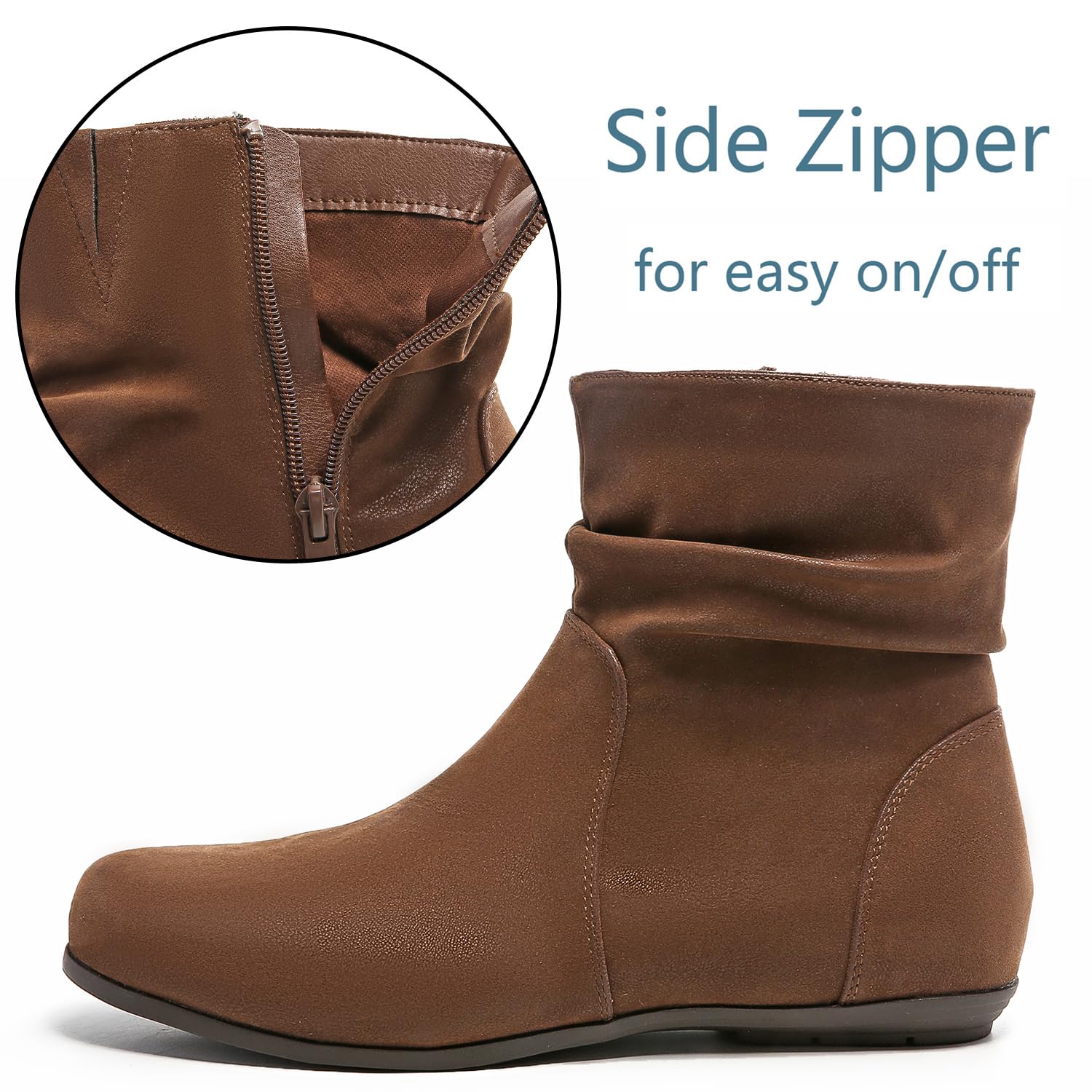 Luoika Women's Wide Width Ankle Boots - Black & Brown Block Heel Side Zipper Booties for Casual Wear, Office & Outdoor Walking
