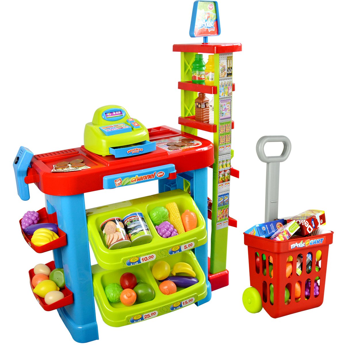 PowerTRC Kids Supermarket Toy Playset - Pretend Play Grocery Store with Shopping Cart, Food & Cash Register - Fun Educational Toy for Toddlers & Preschoolers (Great for Role Play & Learning)