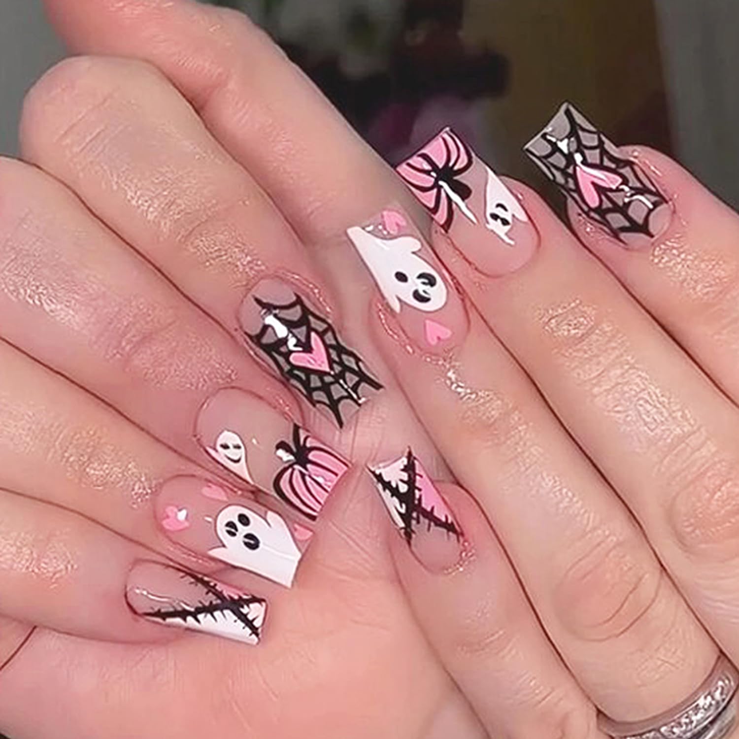 **Halloween Square Press on Nails - 24Pcs Medium Fake Nails with Cute Pumpkin & Ghost Designs, Glossy Pink Acrylic False Nails for Women - Perfect for Halloween Parties, Costumes & Holiday Manicure Decorations**