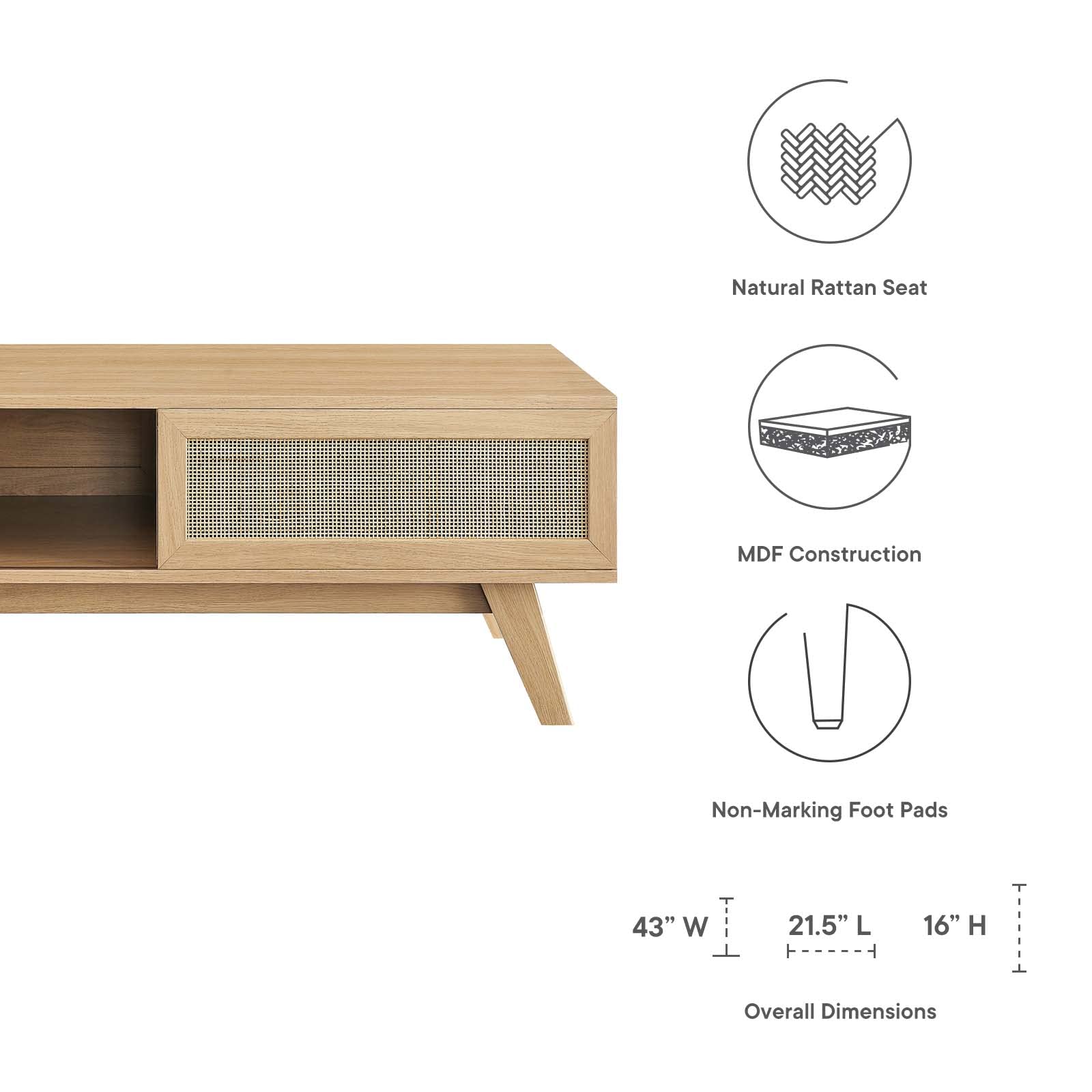 Modway Soma Modern Rattan Coffee Table - 43 Inch Oak Wood Round Accent Table for Living Room, Patio & Outdoor Decor