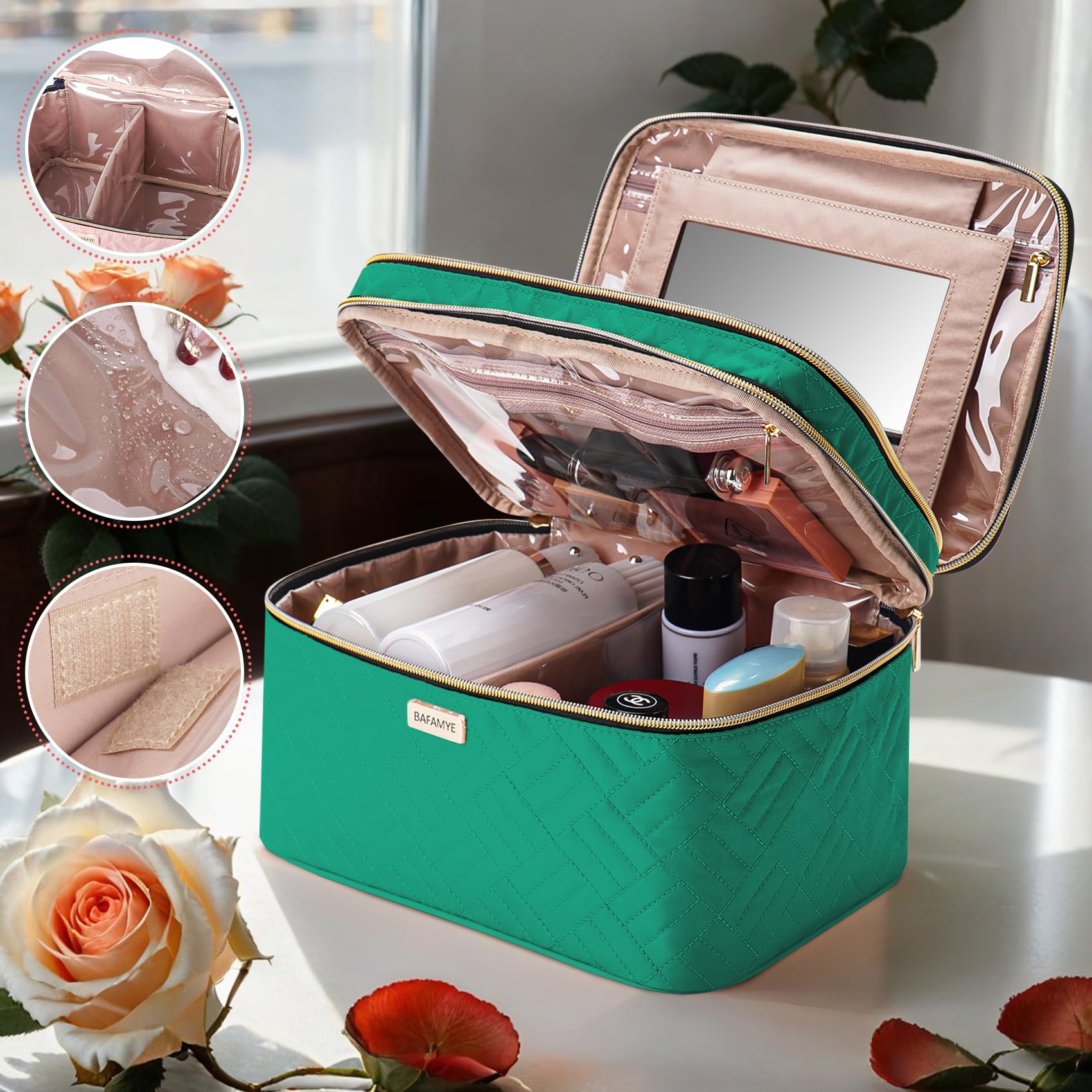 8.8L Double Layer Travel Makeup Bag with Mirror for Women - Large Cosmetic Organizer Case for Travel-Size Bottles, Brushes & Skincare - 2.33 Gallon Capacity, Green - Perfect for Vacation, Business Trips & Daily Beauty Storage