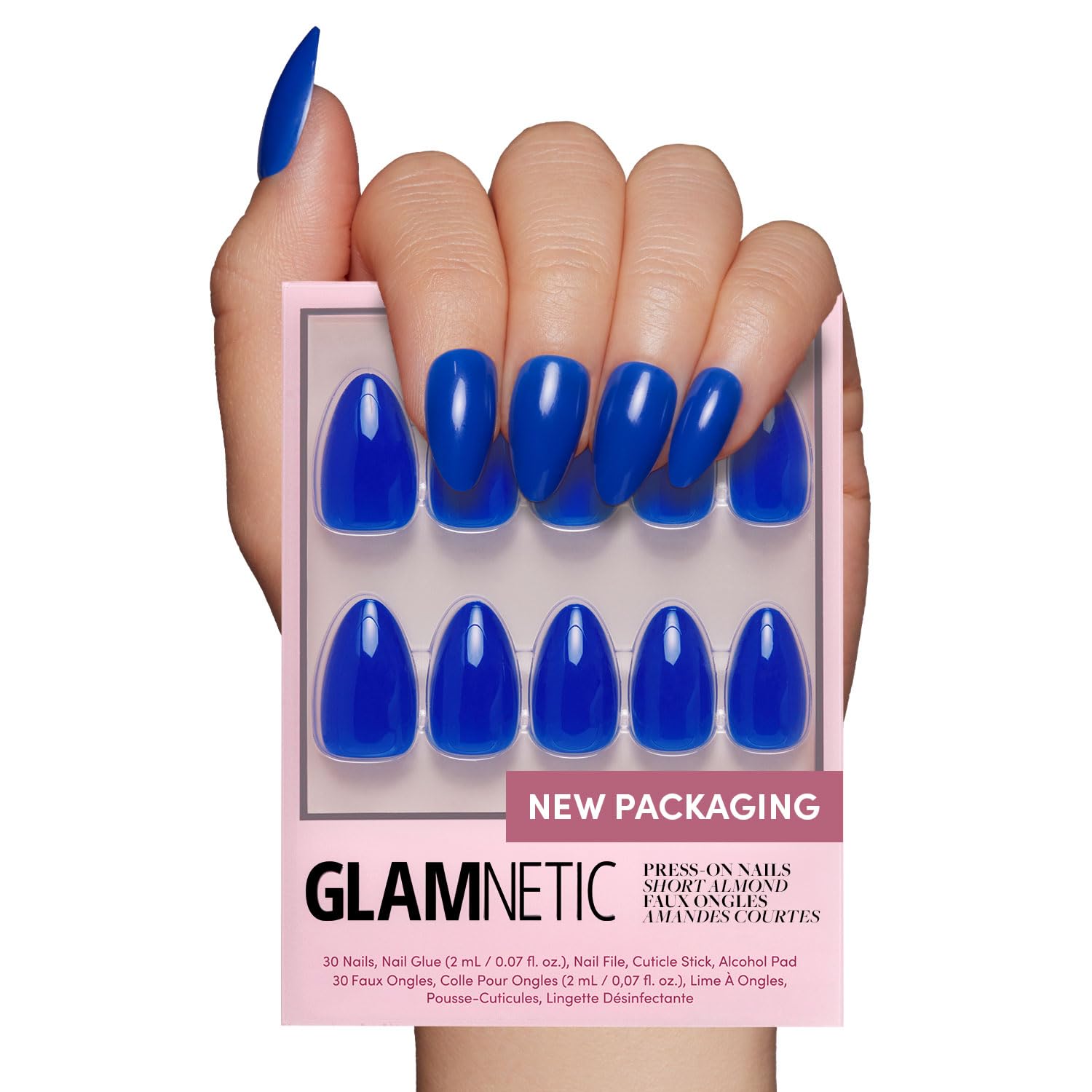 Glamnetic Press On Nails - Cobalt Blue Short Almond Fake Nails | Reusable 30-Piece Kit with 15 Sizes | Opaque Vibrant Blue Artificial Nails for Parties, Weddings & Everyday Wear