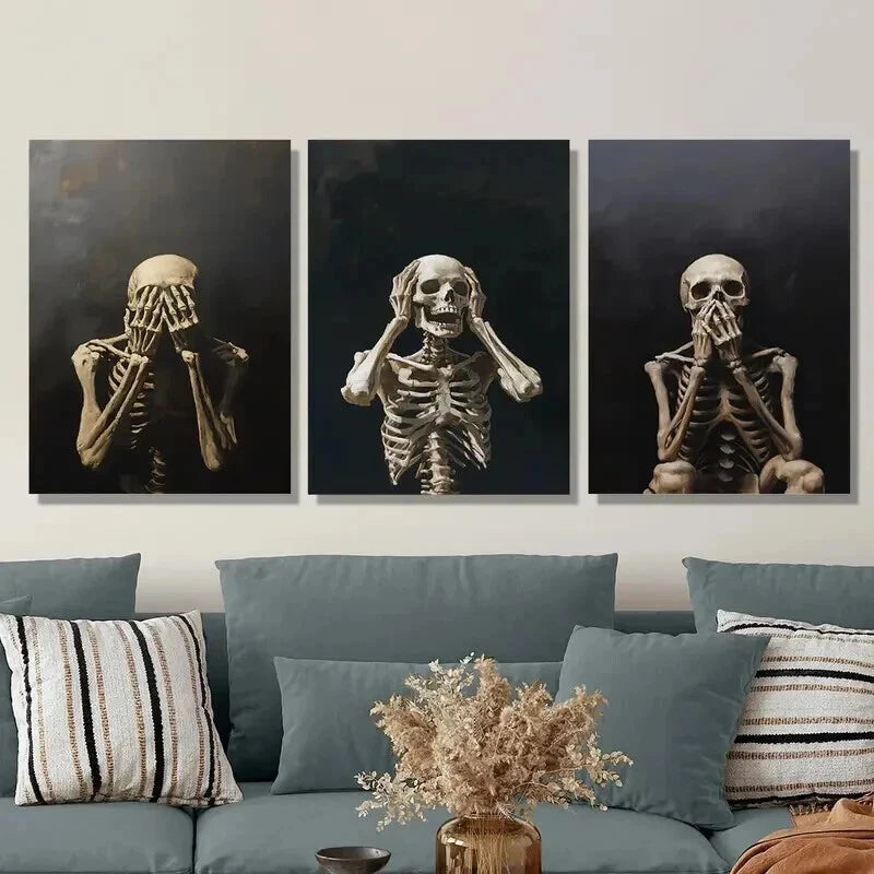 3-Piece Golden Skeleton Wall Art Set - Framed Canvas Prints 50x70cm - High Quality Australian Made Home Decor for Halloween, Gothic & Modern Interior Design - Ready to Hang Living Room, Bedroom or Office Decor