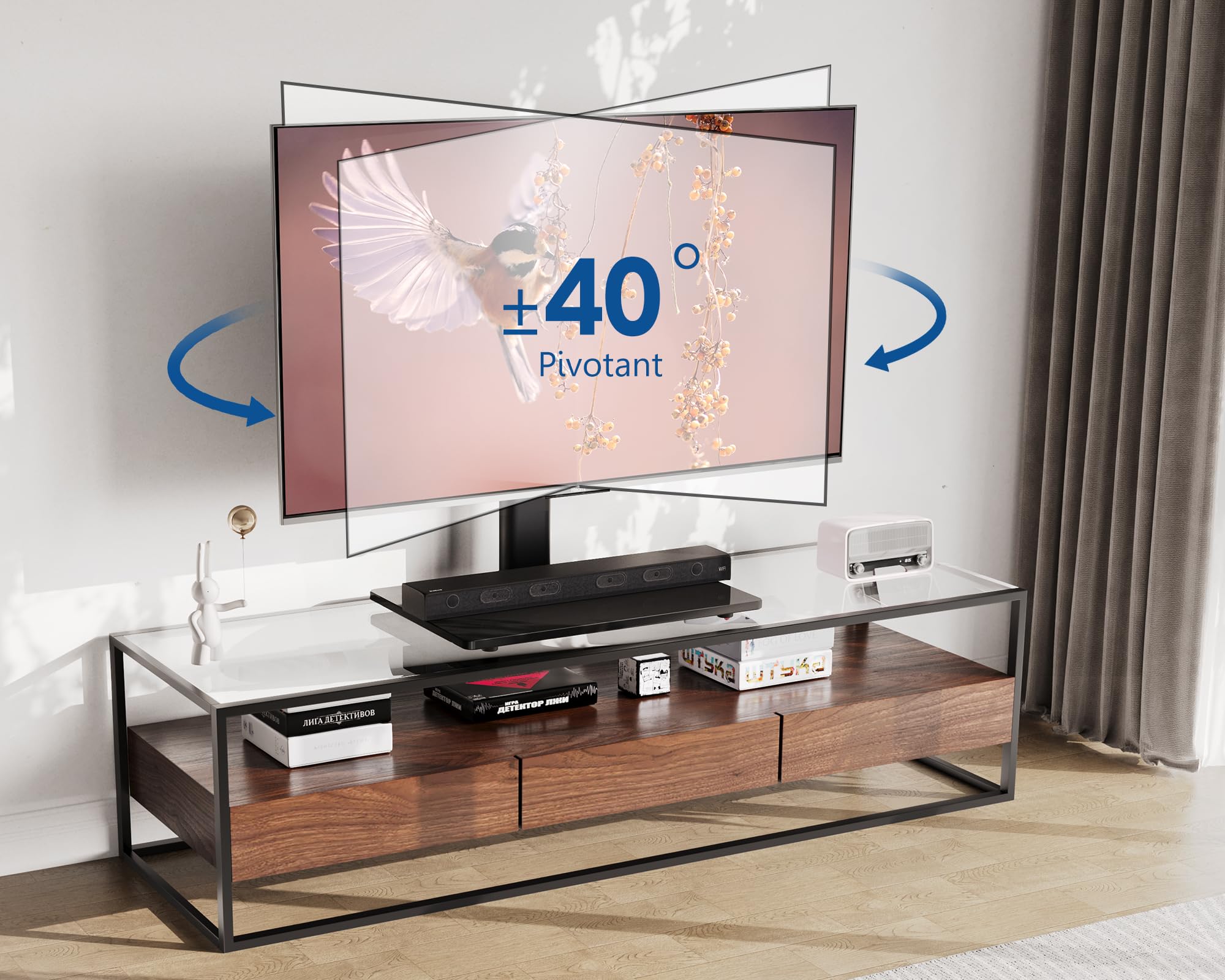FITUEYES Adjustable Height TV Stand with Swivel ±40° for 32-65 Inch Screens - Max Load 40kg, VESA 400x600mm - Perfect for Living Room, Bedroom & Home Theater Setup