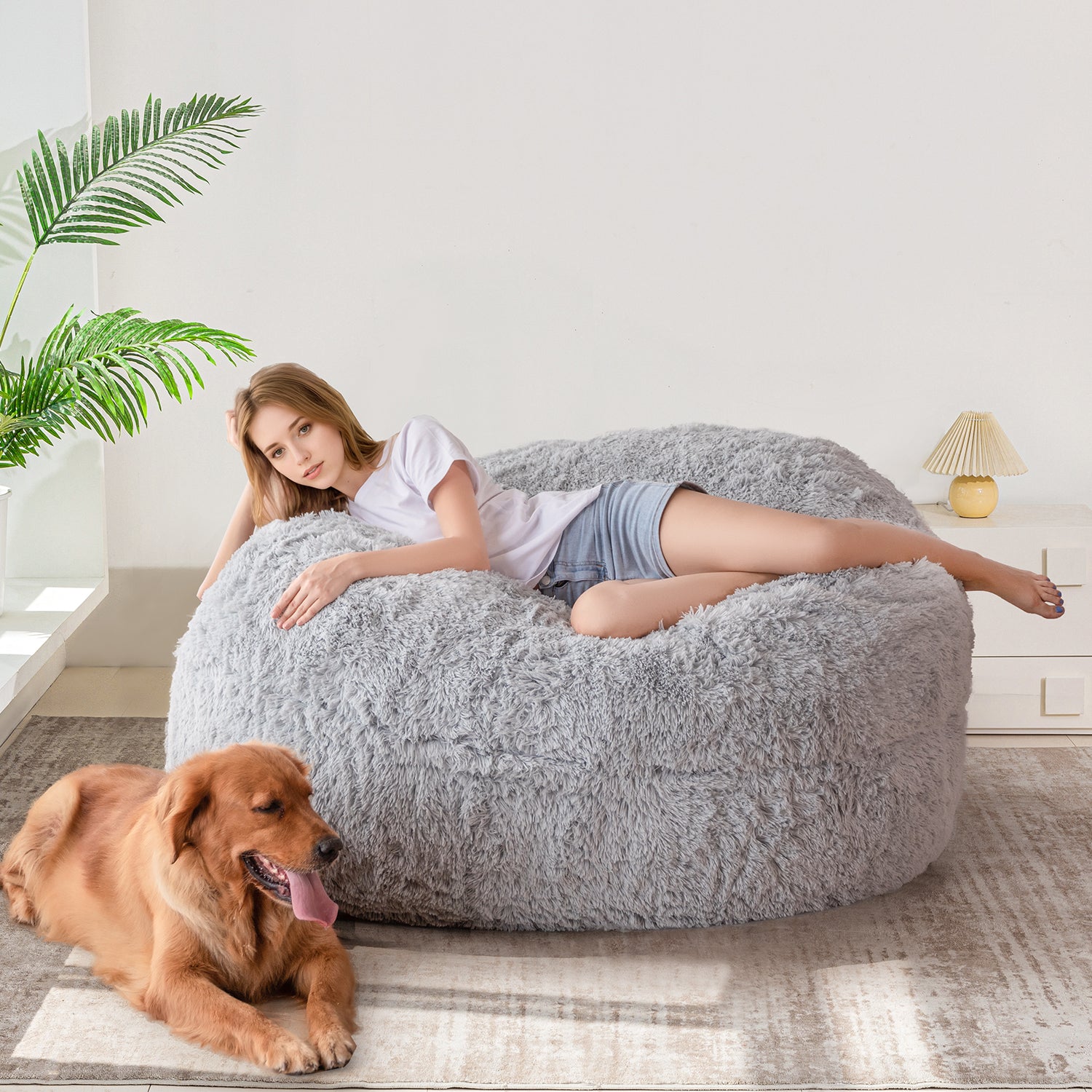 MAXYOYO Giant Bean Bag Bed - Extra Large Faux Fur Convertible Bean Bag Chair to Bed for Adults, Grey | Perfect for Living Room Lounging, Bedroom Relaxation & Guest Sleeping
