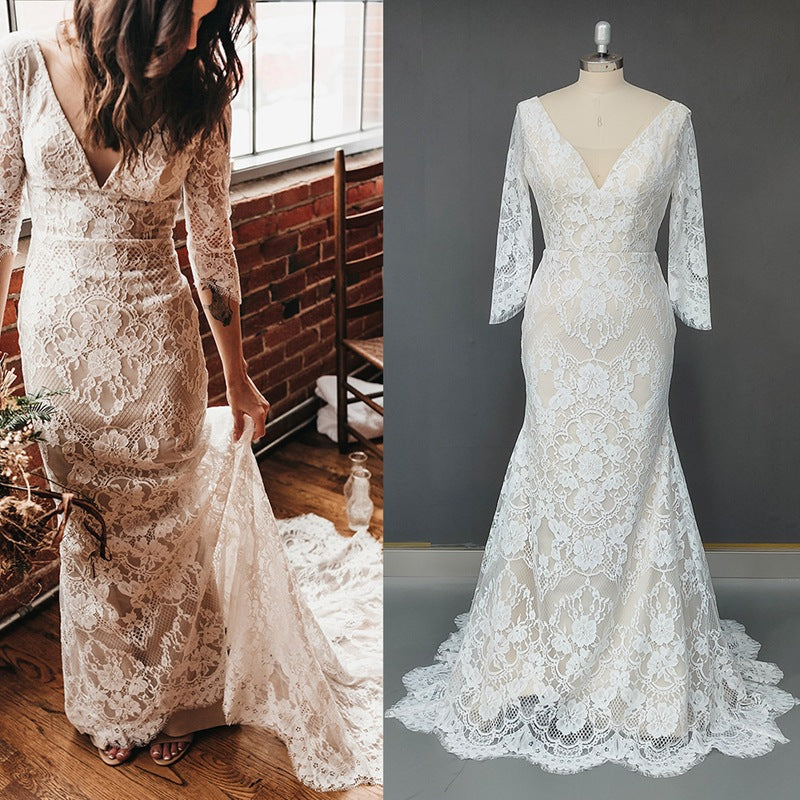 Elegant Half Sleeve V-Neck Lace Bohemian Wedding Dress with Open Back for Beach Brides - Perfect for Destination Weddings, Boho Bridal Showers & Romantic Photoshoots