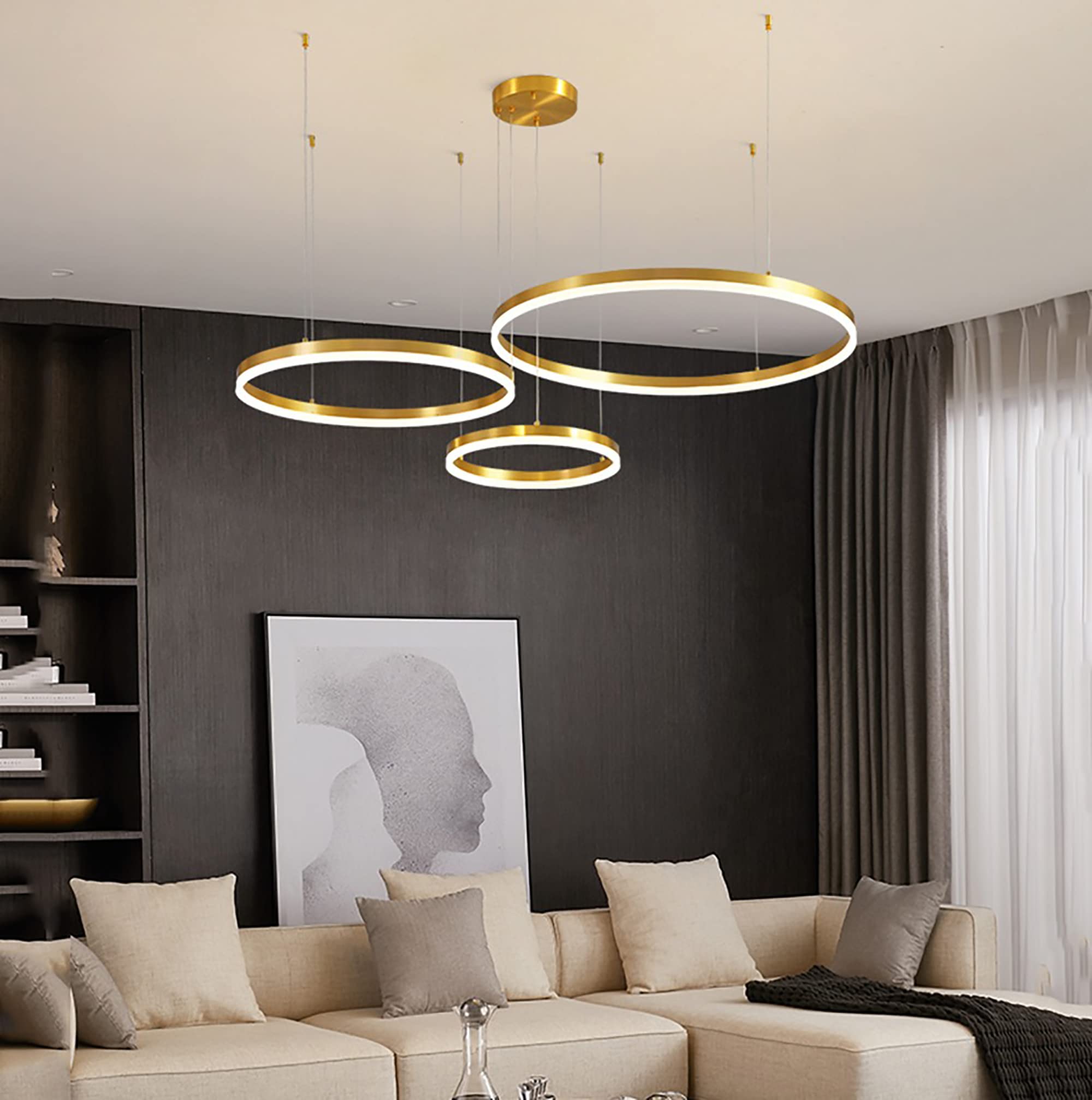 Gold Ring Chandelier LED Ceiling Light - Dimmable Geometric Circle Pendant Lighting Fixture for Living Room, Dining Room, Bedroom (20/40/60/80cm) | Modern Home Decor & Wedding Venue Lighting