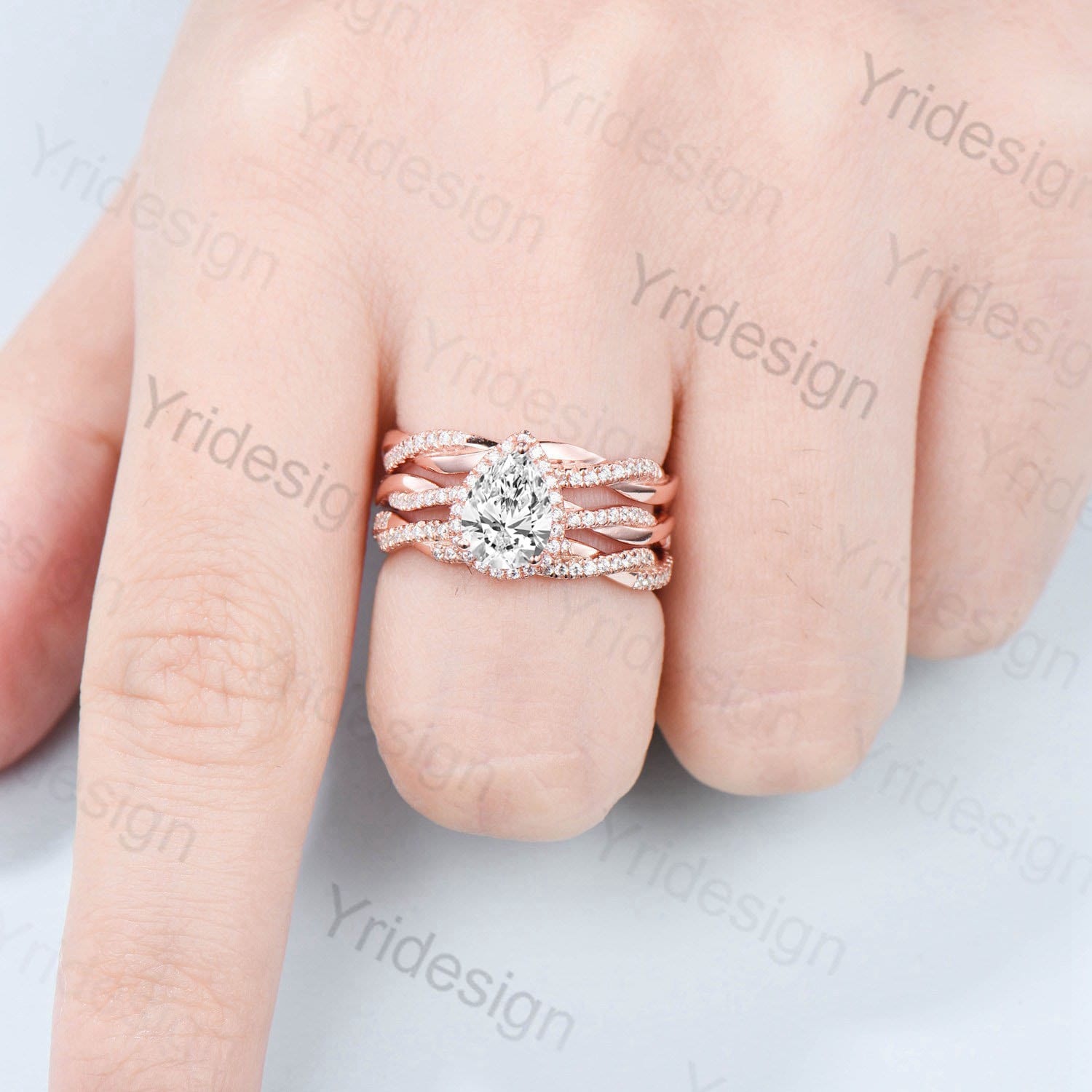 6x8mm Pear Shaped Lab Grown Diamond Ring Set - VVS2 D Color Twist Wedding Band & Full Eternity Stacking Ring for Engagement, Anniversary & Everyday Elegance