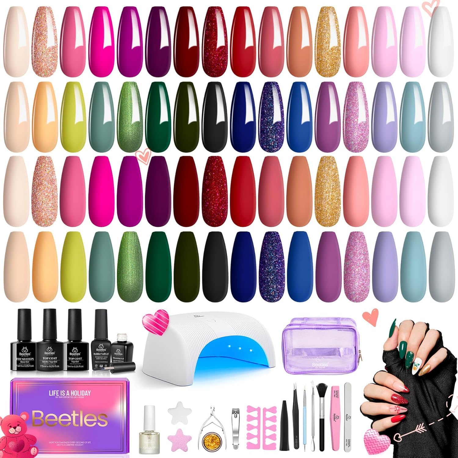 55 Pcs Beetles Gel Nail Polish Kit with UV Light - 32 Colors (Green, Red, Gold, Purple, Pink, Blue, Nude & Glitter) + UV Nail Lamp, Base & Top Coat - Valentine's Day Gift Set for Women - Perfect for Home Manicures, Nail Salons & DIY Nail Art
