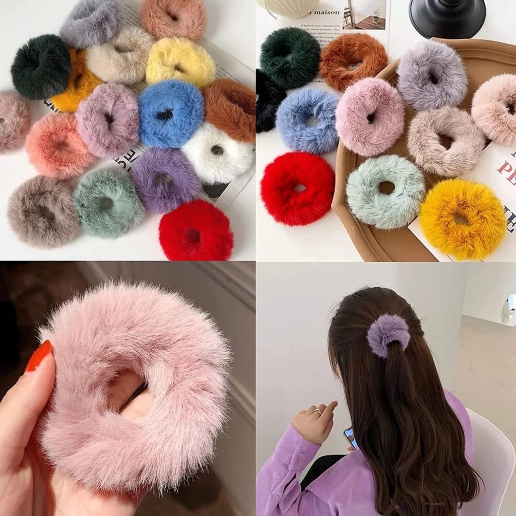 Trendy Club™ 6 Pack Faux Fur Scrunchies with Pompom Balls - Soft Fluffy Hair Ties for Women & Girls - Perfect for Ponytails, Buns & Everyday Hair Accessories (Great Gift Idea)