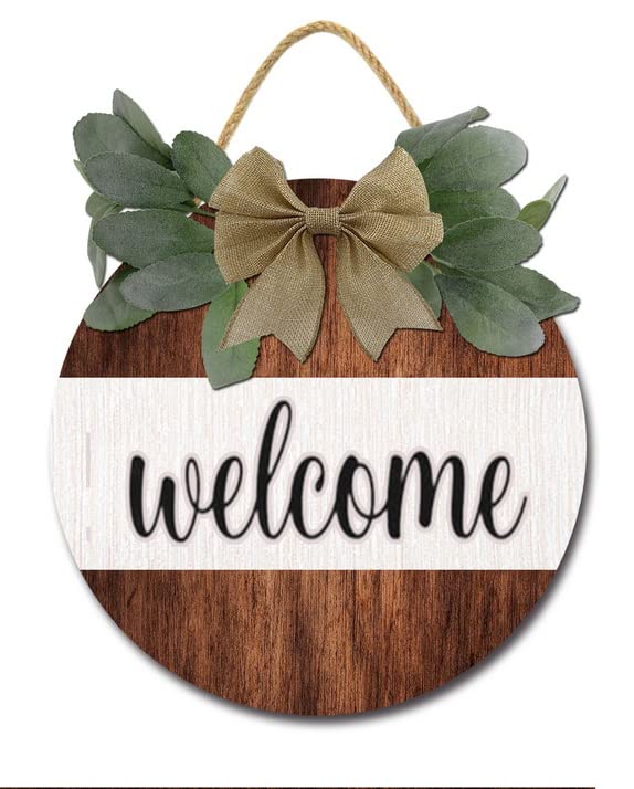 Farmhouse Welcome Sign for Front Door - Rustic Wooden Round Wreath Hanger - 11 Inch Porch Decor for Home Entryway - Perfect for Seasonal Decorations and Housewarming Gifts