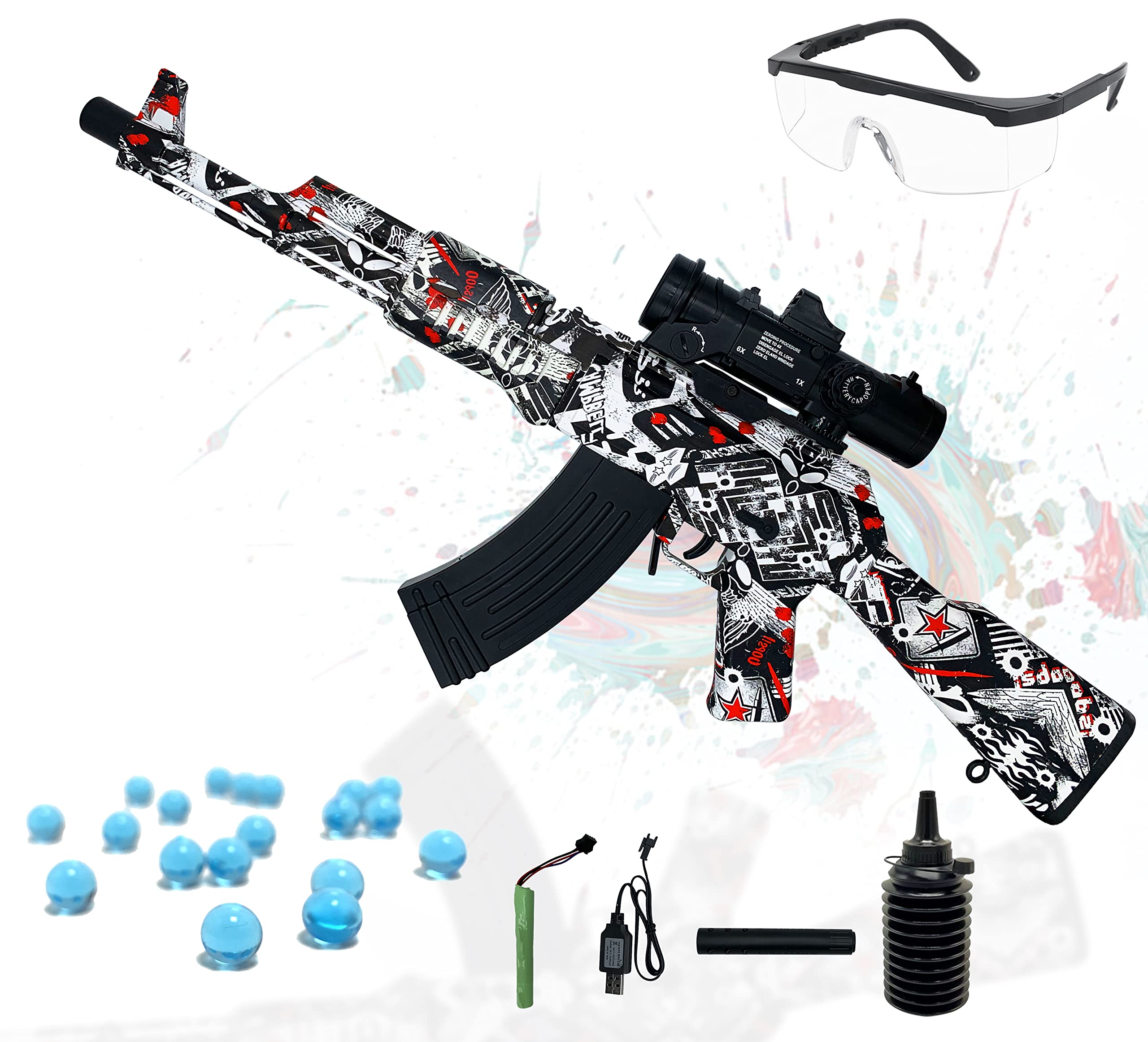 **ZoffyFabrizio Splatter Ball Gun with 30,000 Gel Beads - Rechargeable Gel Blaster Toy with Safety Eyewear - Perfect for Outdoor Team Games, Backyard Battles & Kids Ages 12+**