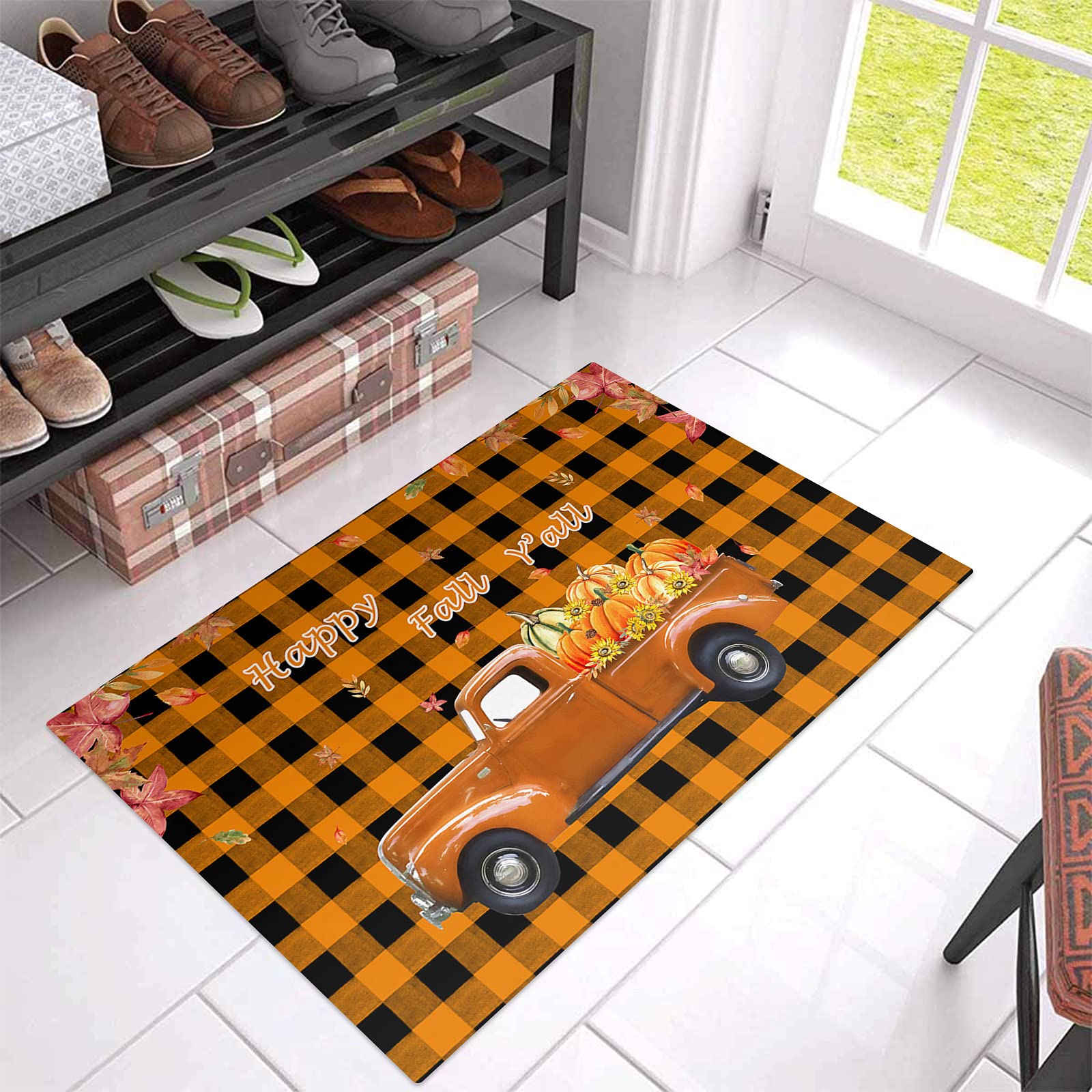 Farmhouse Thanksgiving Truck with Pumpkin Doormat - Non-Slip Water Absorbent Front Door Mat, Orange Buffalo Check with Maple Leaves Design - Perfect for Entryway, Bedroom, Bathroom & Living Room Decor