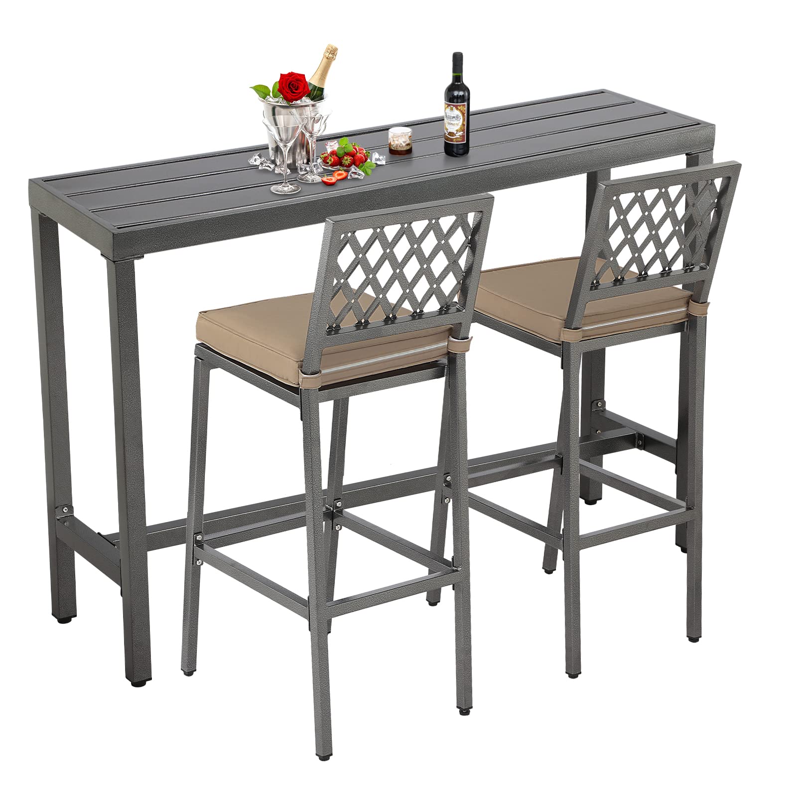 **3-Piece Outdoor Bar Table and Chairs Set with Cushioned Stools - 55