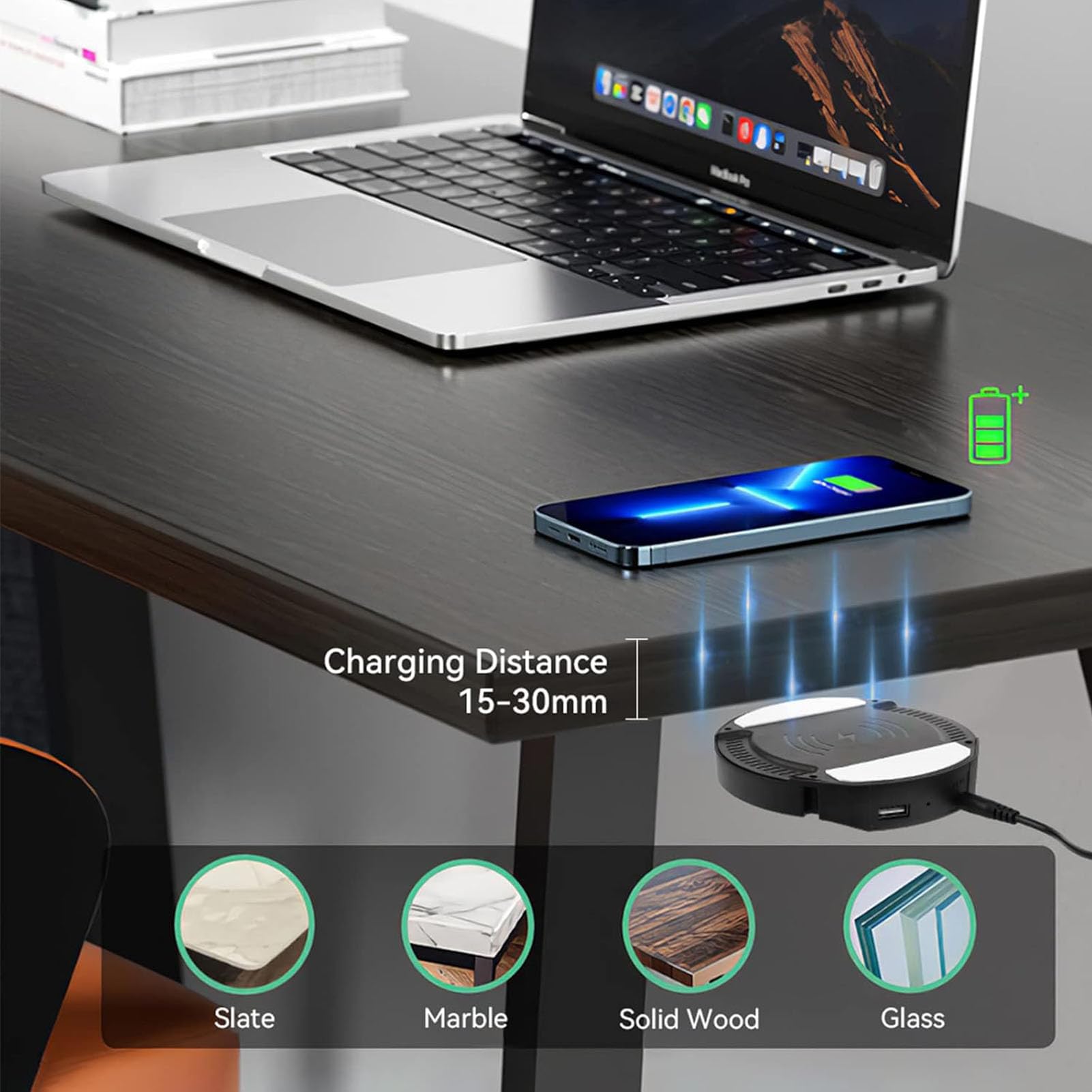 Invisible Under Desk Wireless Charger for iPhone 15/14/13 Pro Max - 15-30mm Thickness, No Sticker Needed (Includes Adapter) - Perfect for Office, Home & Gaming Setup