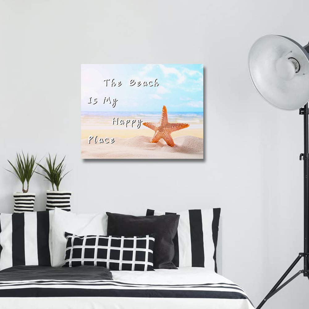 Large Canvas Wall Art 20x24 Inch - Beach Scenery Painting with Starfish, 'The Beach is My Happy Place' - Frameless Ocean Themed Decor for Living Room, Bedroom & Kitchen - Perfect for Coastal, Nautical or Vacation Home Decor