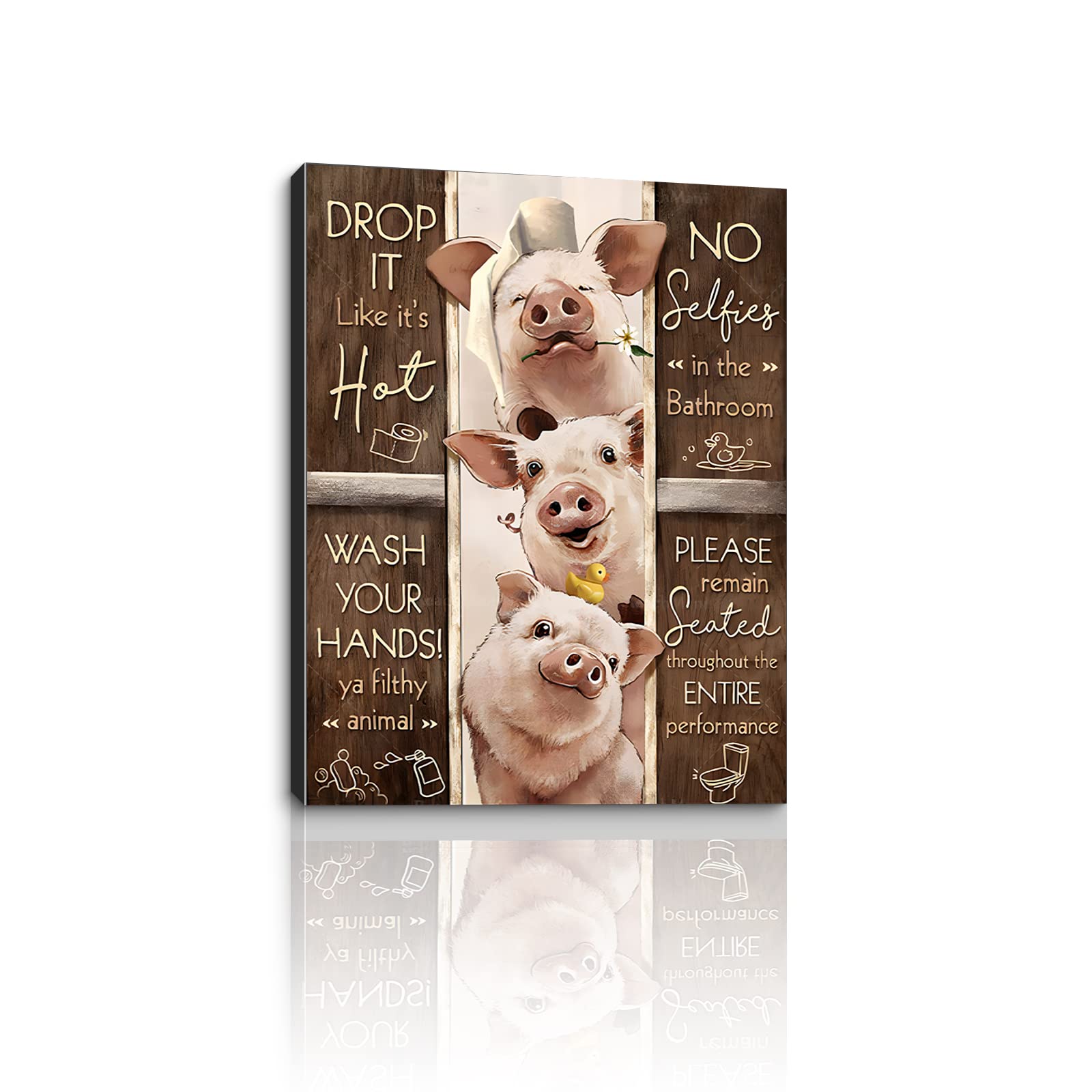 Rustic Pig Wall Art - Framed Canvas Decor for Bathroom & Bedroom - Funny Toilet Rules Theme