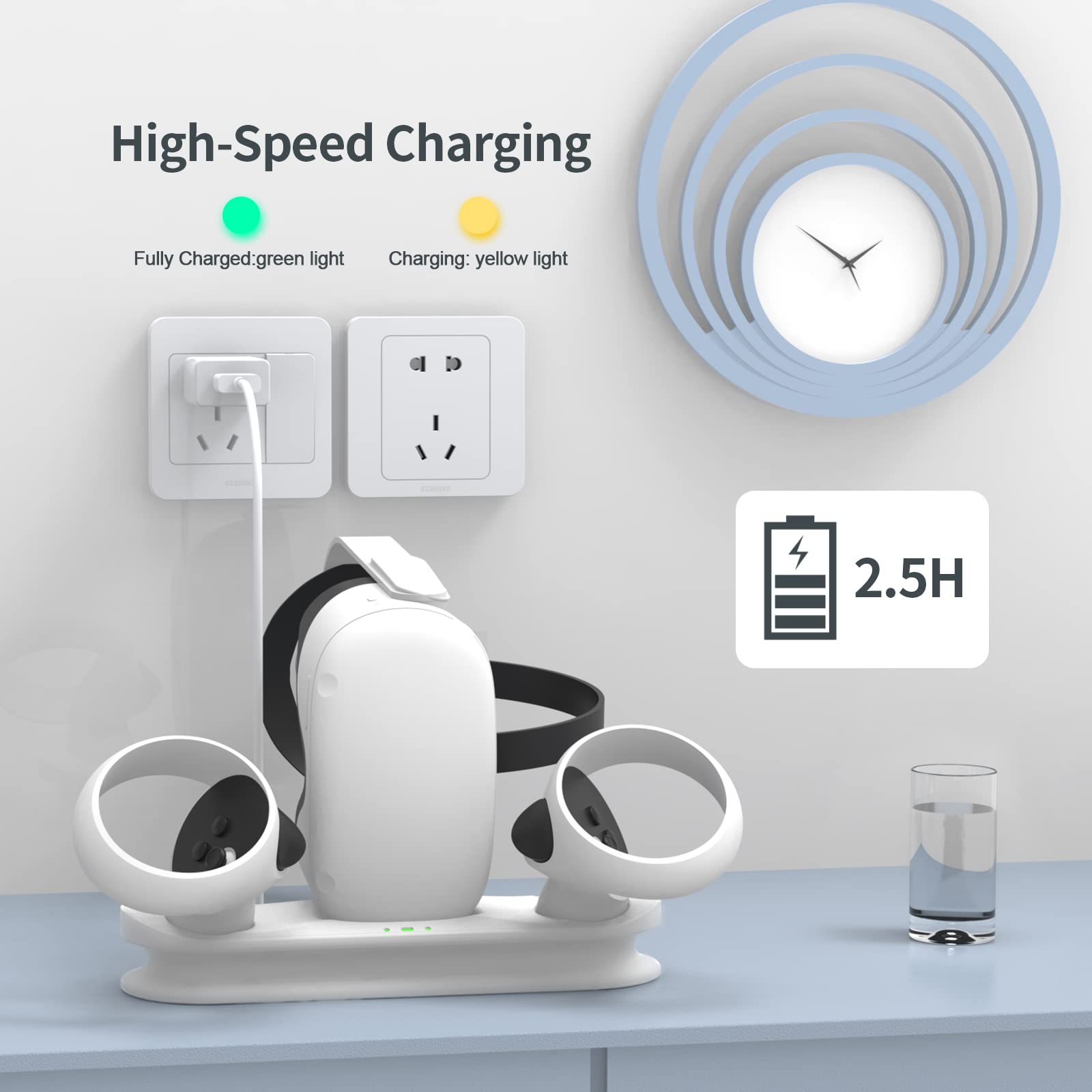 Meta/Oculus Quest 2 Charging Station with LED Light - Dual Controller Dock & Rechargeable Batteries - Magnetic Cable (Compatible with Elite Strap) - Perfect for VR Gaming Setup & Headset Storage
