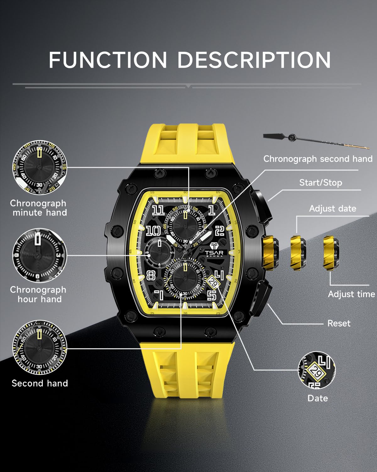 TSAR BOMBA Luxury Men's Tonneau Watch - Waterproof 50M Analog Chronograph with Date Calendar - Business Dress & Diver Watch for Men - Large Square Face Wristwatch - Perfect for Office, Formal Events & Water Activities