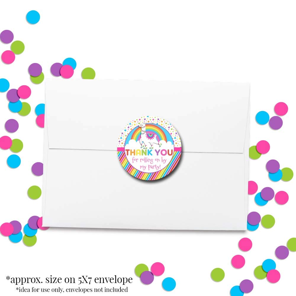 Colorful Rainbow Llama Roller Skating Thank You Stickers for Kids - 40 Pack 2 Inch Round Party Labels by AmandaCreation - Perfect for Birthday Favors, Envelope Seals, Goodie Bags & Scrapbooking