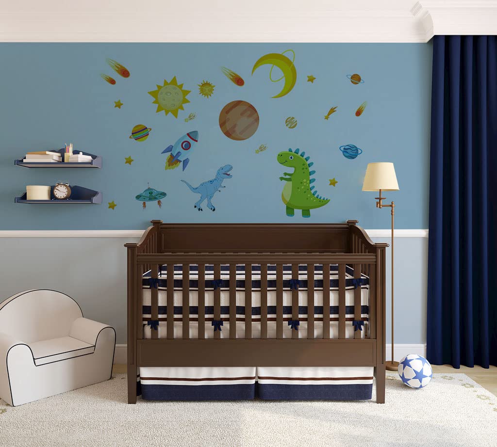 Dinosaur Outer Space Wall Decals - Dino Rocket Spaceship Wall Stickers for Kids Room, Nursery & Classroom Decor | Solar System & Animal Planet Theme | Perfect for Bedroom, Playroom & Learning Spaces