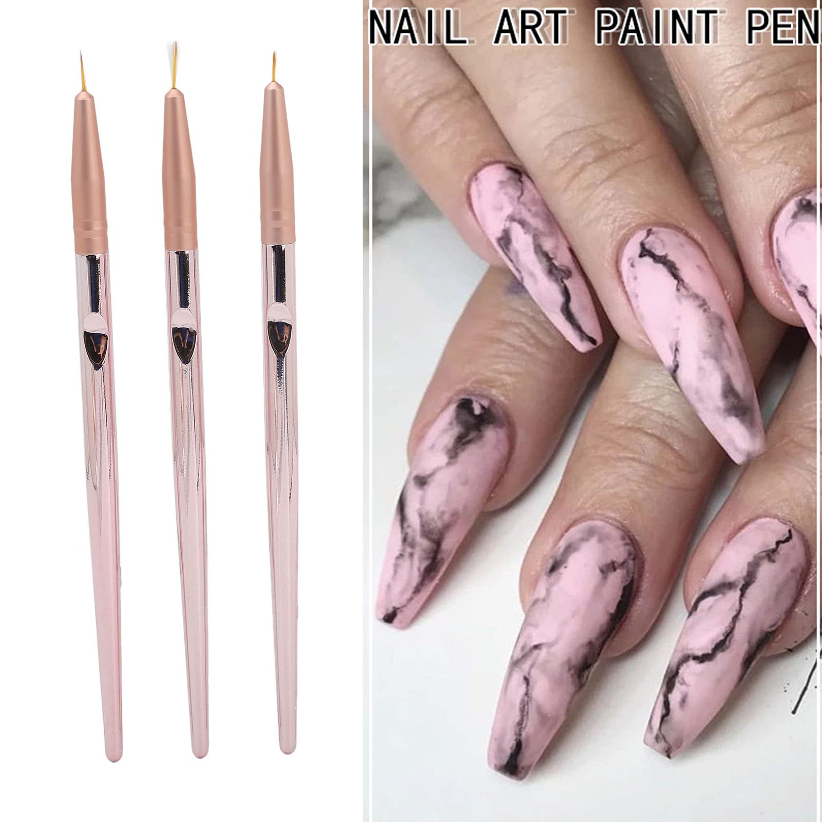 Professional Nail Art Liner Brushes Set - 3PCS Rose Gold Metal Barrel Nylon Bristle Detail Brushes with Lid for Precise Nail Painting & Drawing | Perfect for Home Salon, DIY Manicure & Nail Art Design