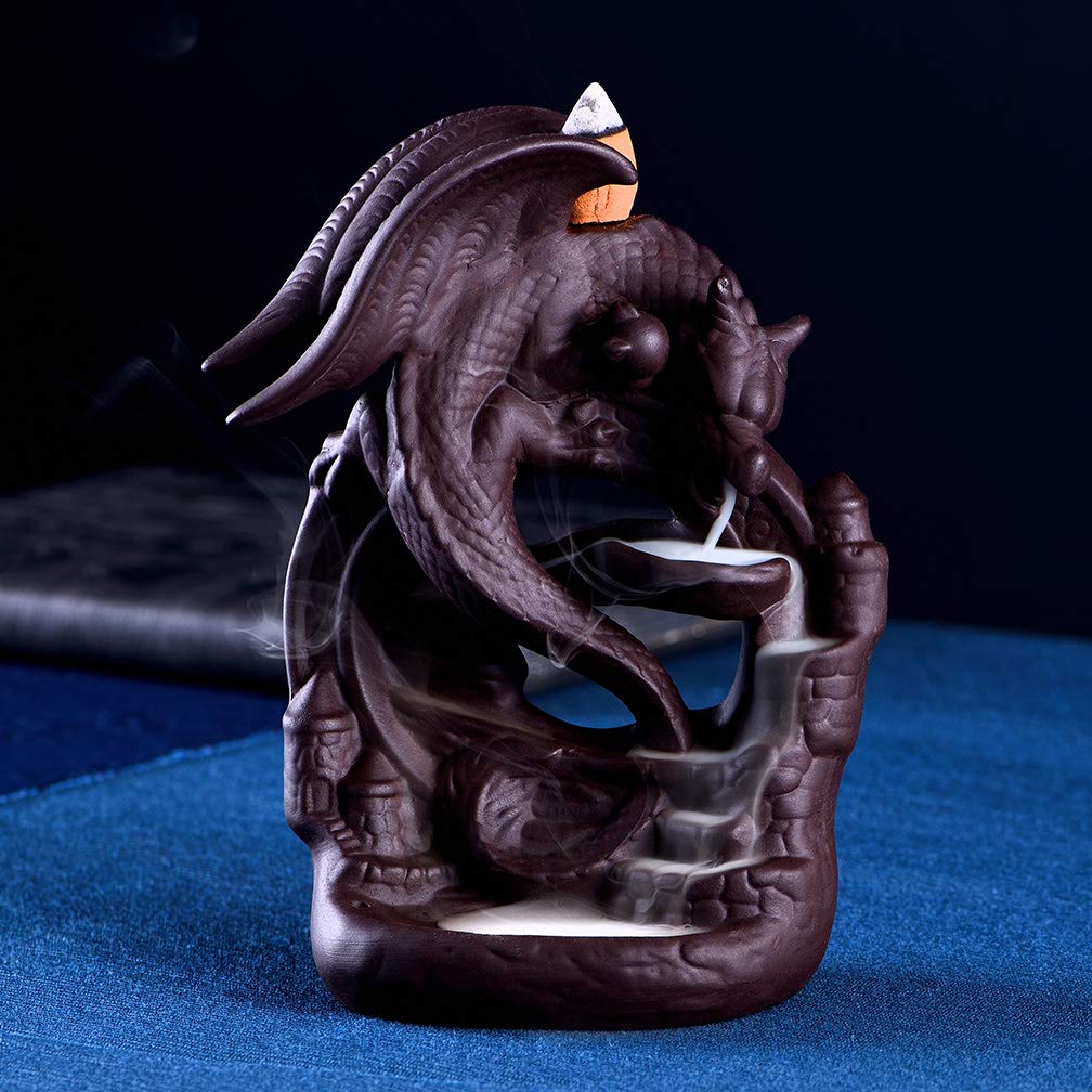 INONE Ceramic Dragon Backflow Incense Burner with 100 Cones - Waterfall Aromatherapy Holder, Zen Home Decor for Meditation, Yoga & Relaxation - Perfect for Living Room, Bedroom & Office Spaces