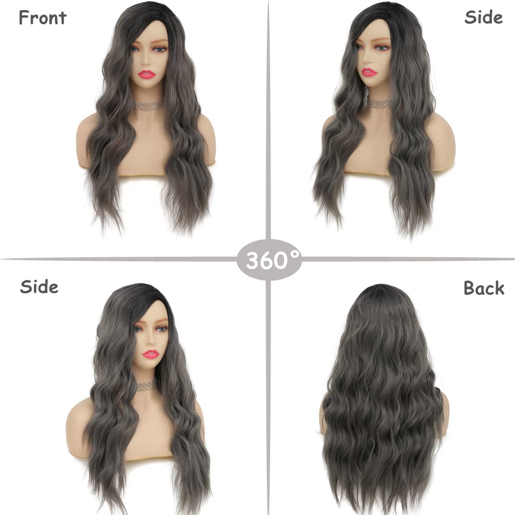 Ombre Grey Black Curly Wavy Long Synthetic Hair Wig for Women - Dark Roots Full Wig for Cosplay, Halloween, Parties & Daily Use (Perfect for Costume Events, Themed Parties & Everyday Styling)