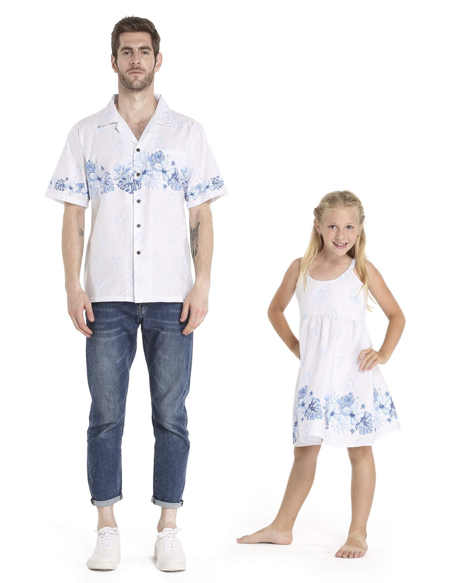 Hawaiian Luau Matching Father Daughter Shirt Dress Set - White with Blue Hibiscus Floral Print - Perfect for Father's Day, Family Vacations, and Tropical Themed Parties