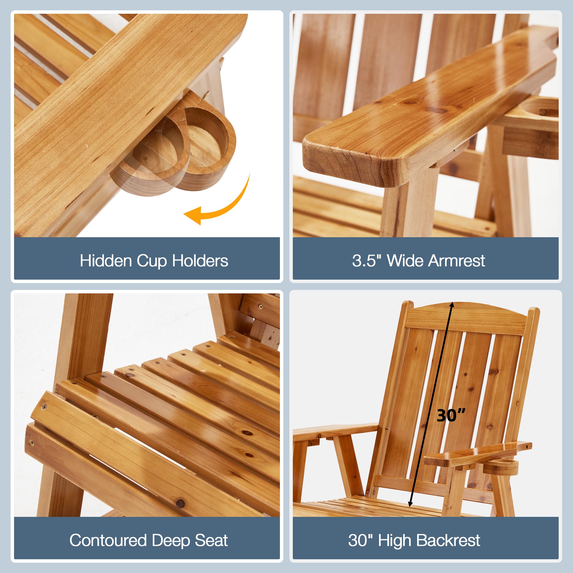 HOMREST 2-Piece Wooden Patio Glider Chair Set with Cup Holders - Heavy Duty 700LBS Capacity, Ergonomic Deep Contoured Seat & High Roll Back - Perfect for Outdoor Garden, Porch, Balcony & Backyard Relaxation