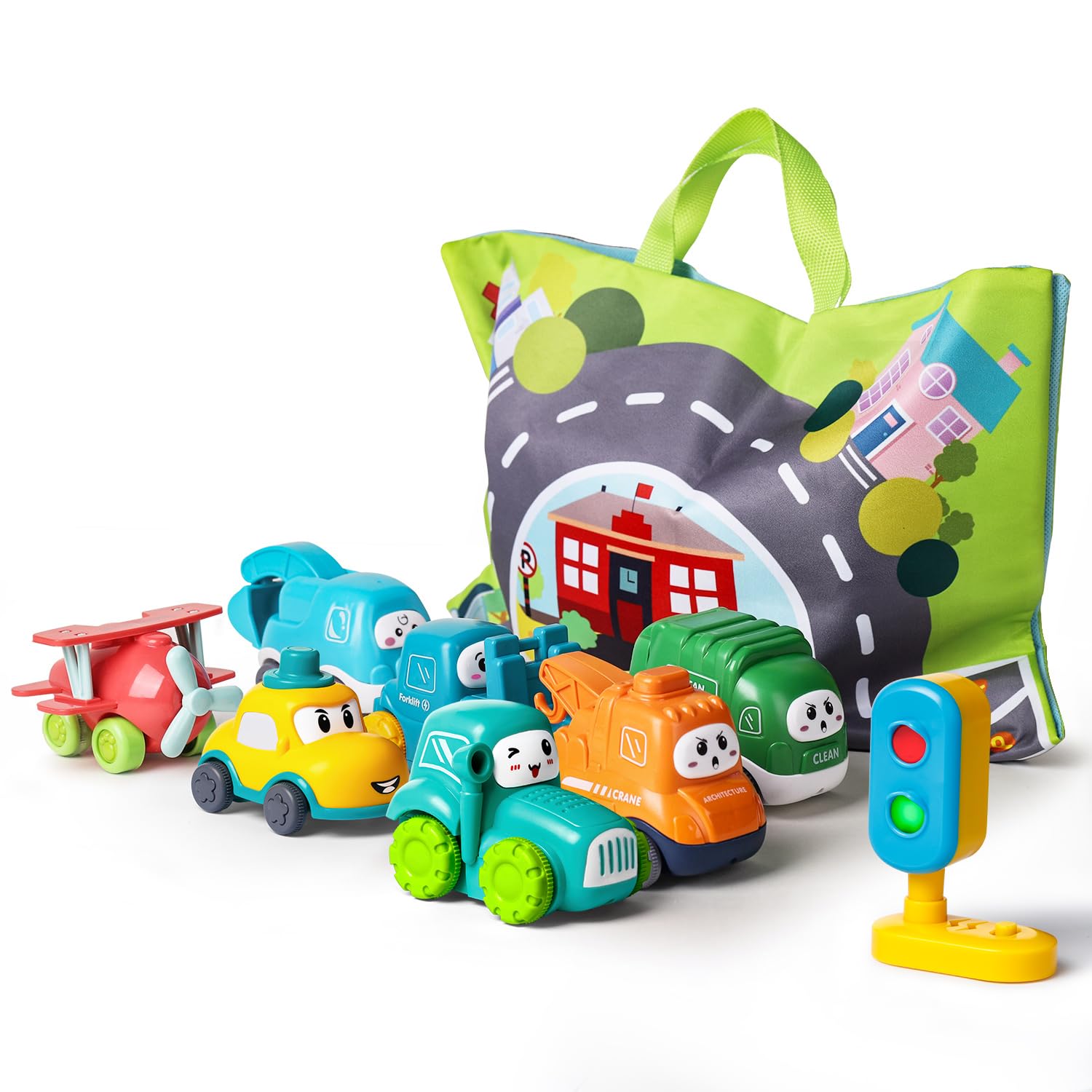 ALASOU 7-Piece Baby Crane Car Toys Set with Playmat & Storage Bag | 1st Birthday Gift for Boys & Girls | Easter Basket Stuffers for Toddlers Age 1-2 | Educational Toys for 1-2 Year Olds | Perfect for Playtime, Learning & Travel
