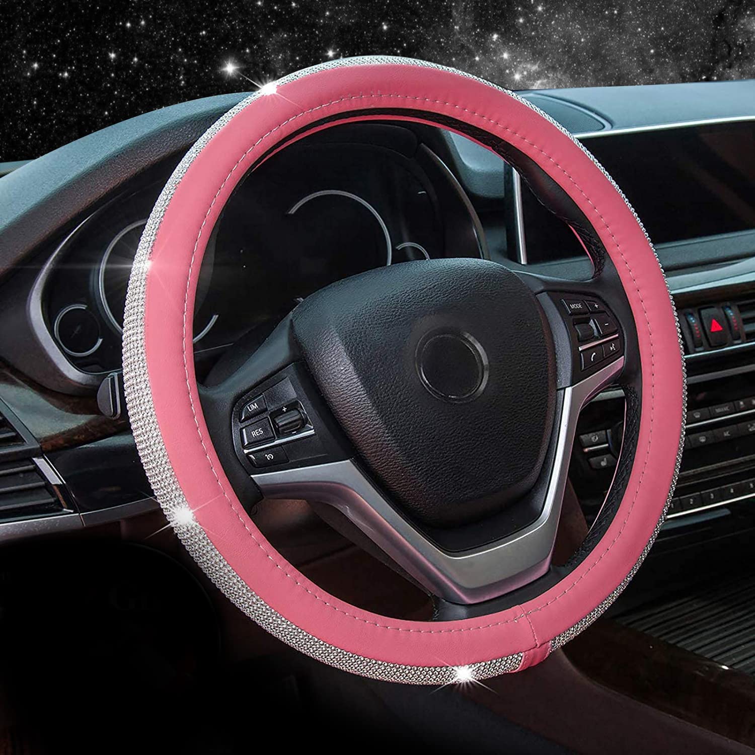 **Sparkling Diamond Leather Steering Wheel Cover with Bling Crystal Rhinestones - Universal 15 Inch Fit for Cars, SUVs & Trucks - Stylish Pink Wheel Protector for Women & Girls - Perfect for Commuting, Road Trips & Gifting**