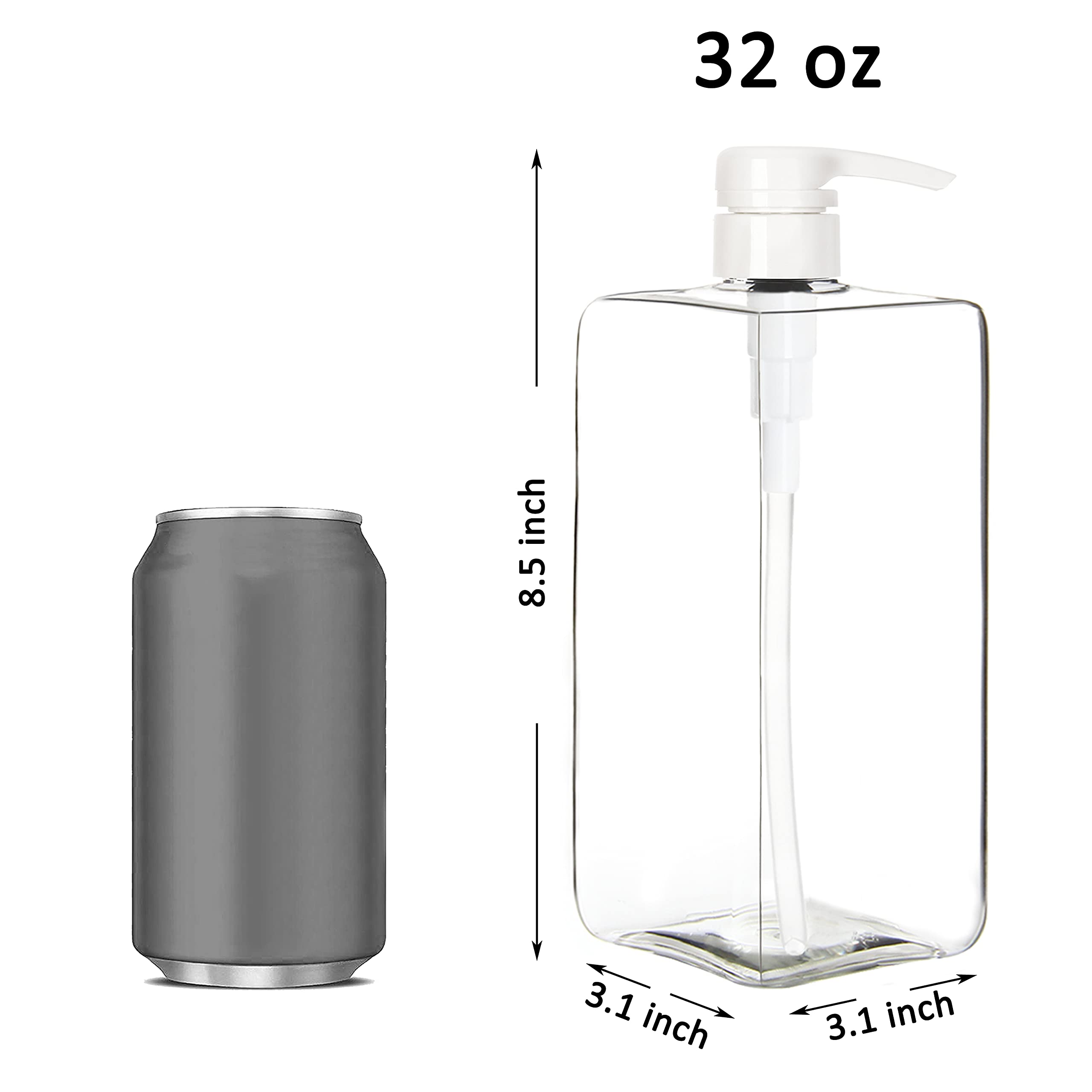 Youngever 3 Pack 32oz (1 Liter) Empty Square Shampoo Pump Bottles with Leak-Proof Locking Pumps | Plastic Refillable Containers for Shampoo, Conditioner, Lotion & Liquid Soap | Perfect for Bathroom, Salon & Travel Organizing
