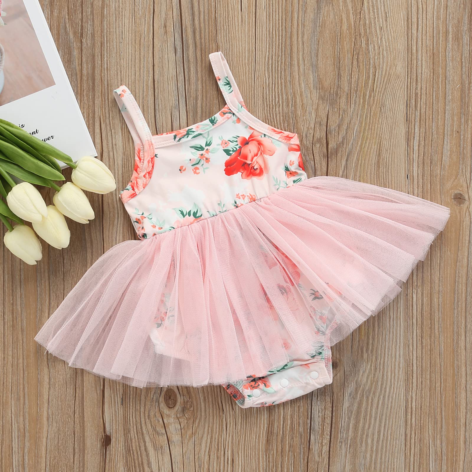Adorable Baby Girl Romper Dress with Ruffle Short Sleeves & Tutu Skirt - Princess Mesh Bodysuit Outfit Set with Headband for Newborn Infant Photo Shoots, Birthday Parties & Special Occasions