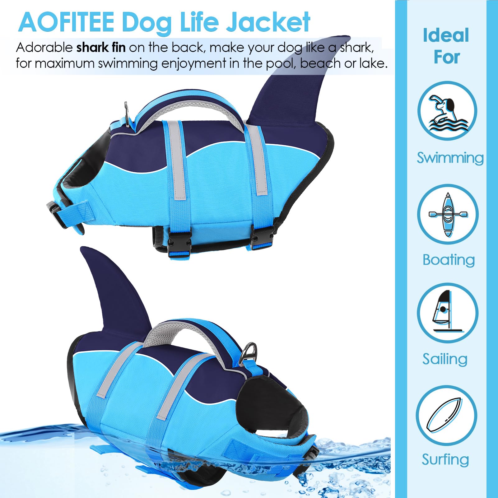 AOFITEE Dog Life Jacket - Shark Design Swimming Vest with Rescue Handle & Reflective Stripe for Small Medium Large Dogs (Blue, XL) - Perfect for Beach, Pool & Boating Safety