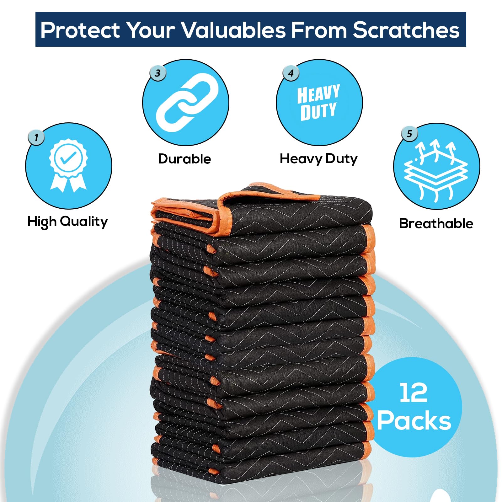 SIMPLI-MAGIC 79523 Heavy Duty Padded Moving Blankets - 12 Pack, 72” x 80” Black/Orange - Furniture Protector, Appliance Wrapping & Moving Supplies for Home, Office & Truck Transport