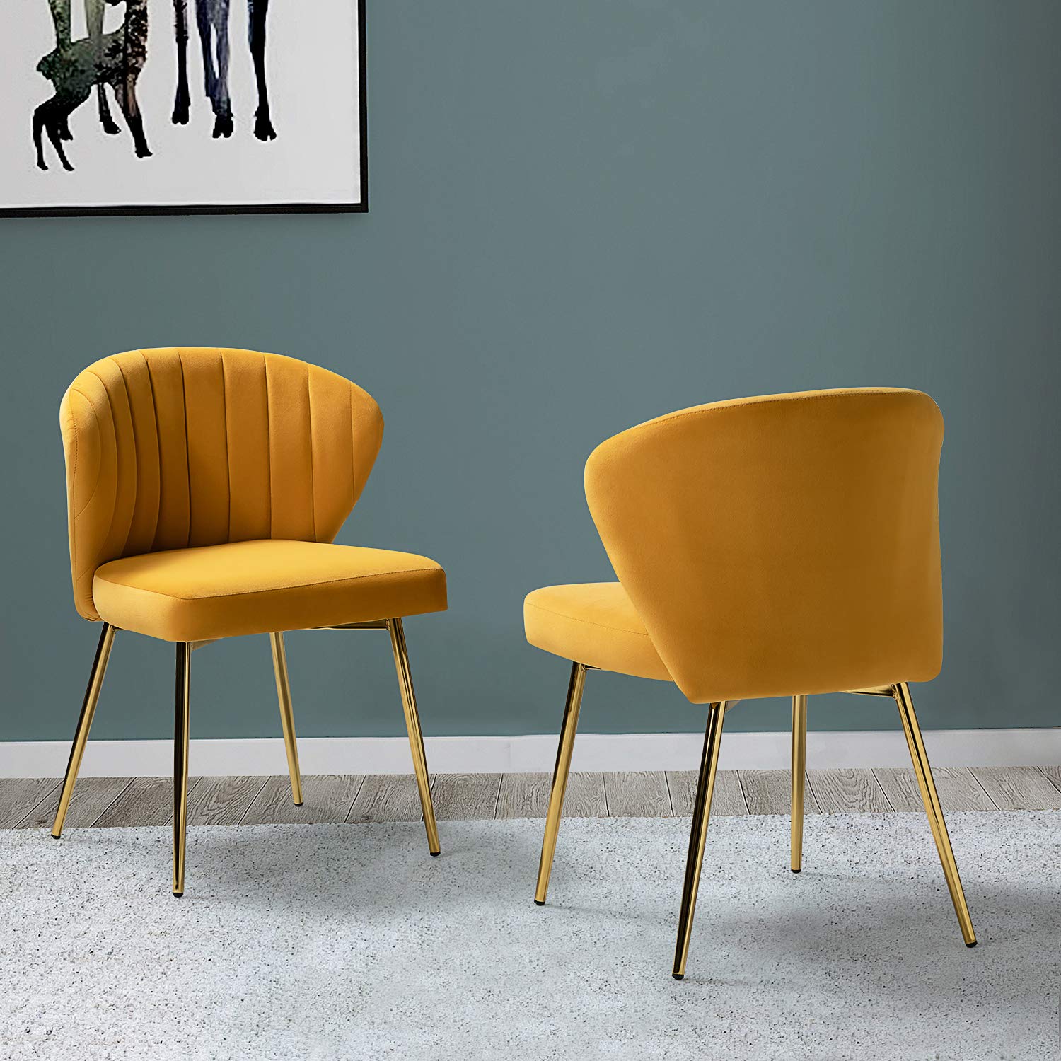 TINA'S HOME Velvet Dining Chairs Set of 2 - Modern Upholstered Side Chairs with Golden Metal Legs, Small Armless Accent Chairs for Living Room, Kitchen, Bedroom, Beauty Salon - Mustard Yellow Velvet Fabric (Perfect for Small Spaces, Dining Sets and Home Decor)