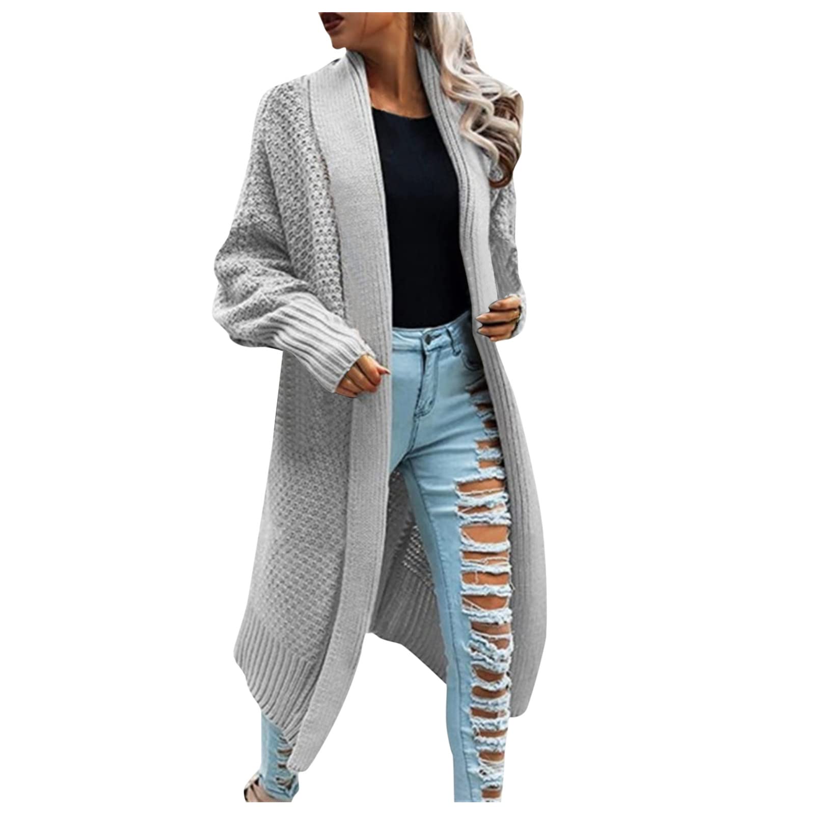 Women's Oversized Long Batwing Sleeve Knit Cardigan Sweater Coat with Pockets - Soft Waffle Knit Open Front Duster for Fall & Winter - Perfect for Layering, Office Wear, and Casual Outfits