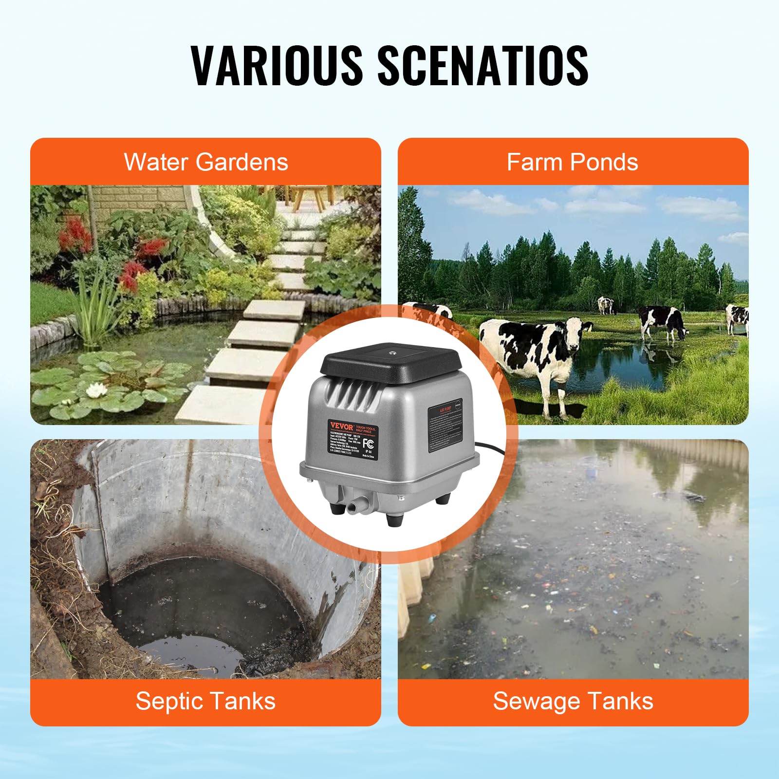 VEVOR Linear Air Pump 109L/Min High Flow Septic Aerator Pump - Aeration System for 1/2 Acre Ponds (10ft Deep), Water Gardens, Waste Treatment, Septic Tanks, Aquariums & Fish Farms - Ideal for Backyard Ponds, Commercial Aquaculture & Seafood Restaurants