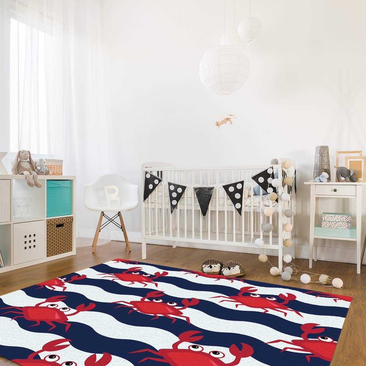 Non-Slip Red Crab Blue Chevron Area Rug 5'x7' - Soft Rectangular Floor Mat for Living Room, Bedroom, Kids Room & Kitchen | Indoor Home Decor, Anti-Skid Design for High Traffic Areas